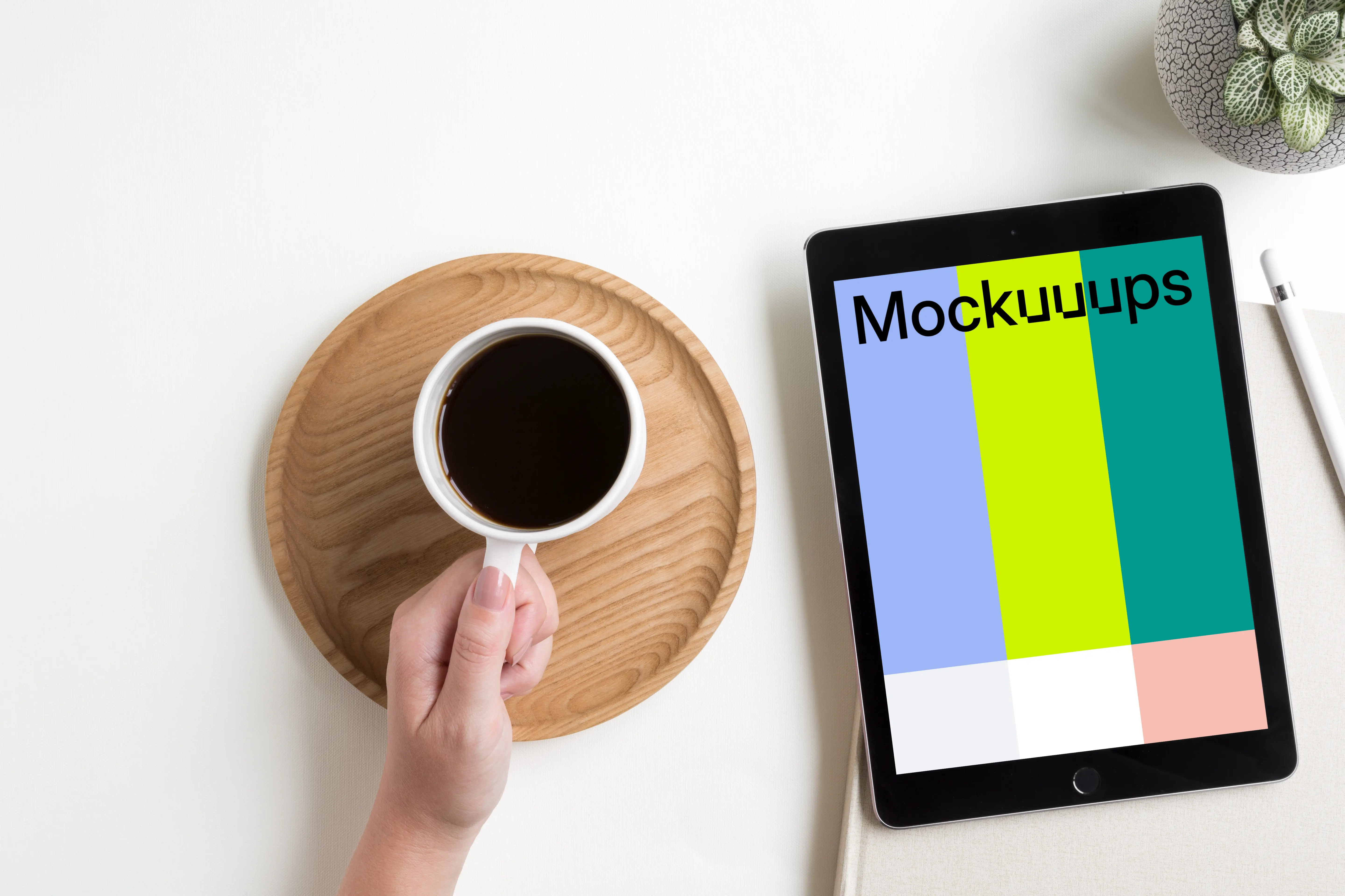 Drinking coffee and reading on an iPad Pro mockup