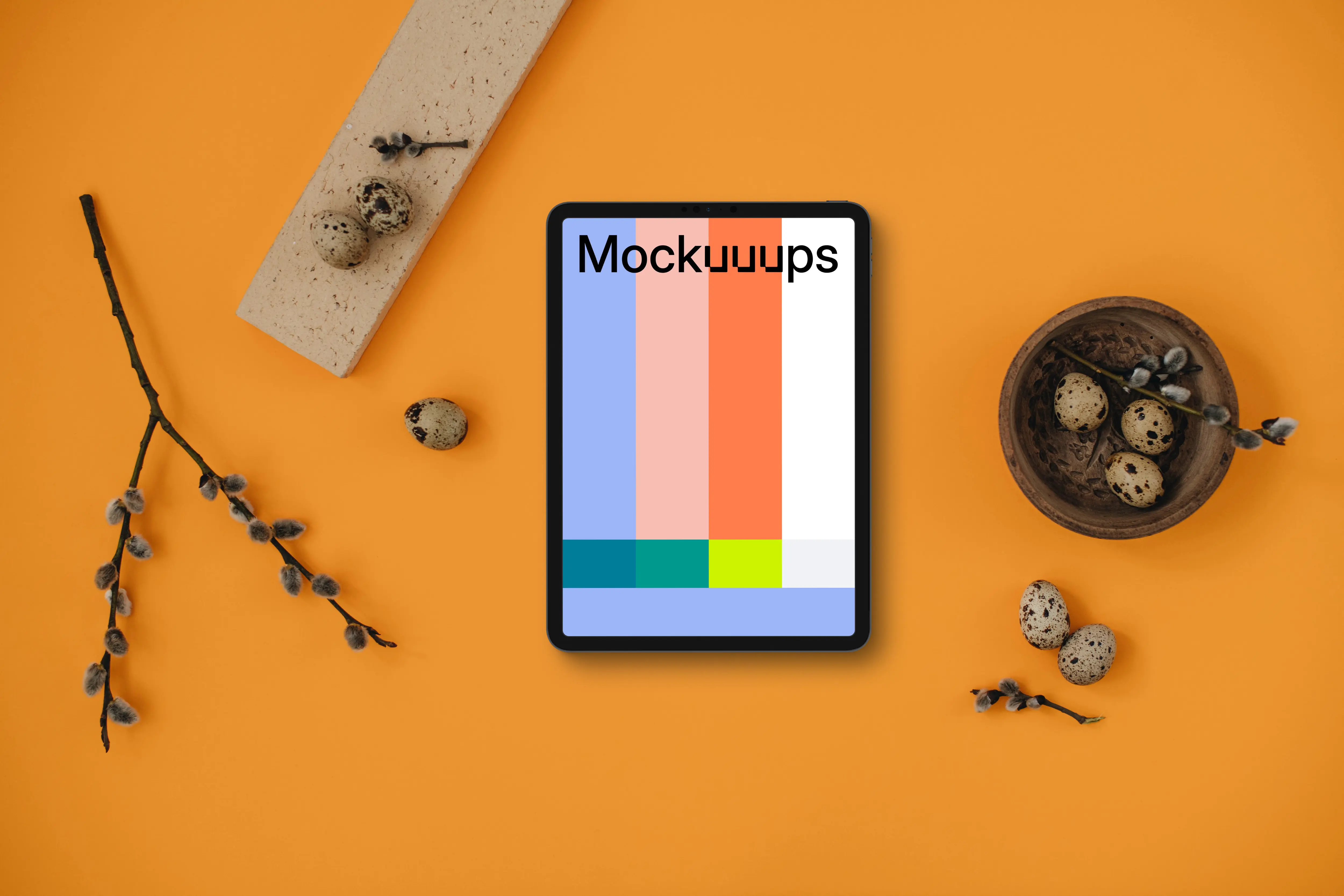 Easter tablet mockup with orange background and quail eggs