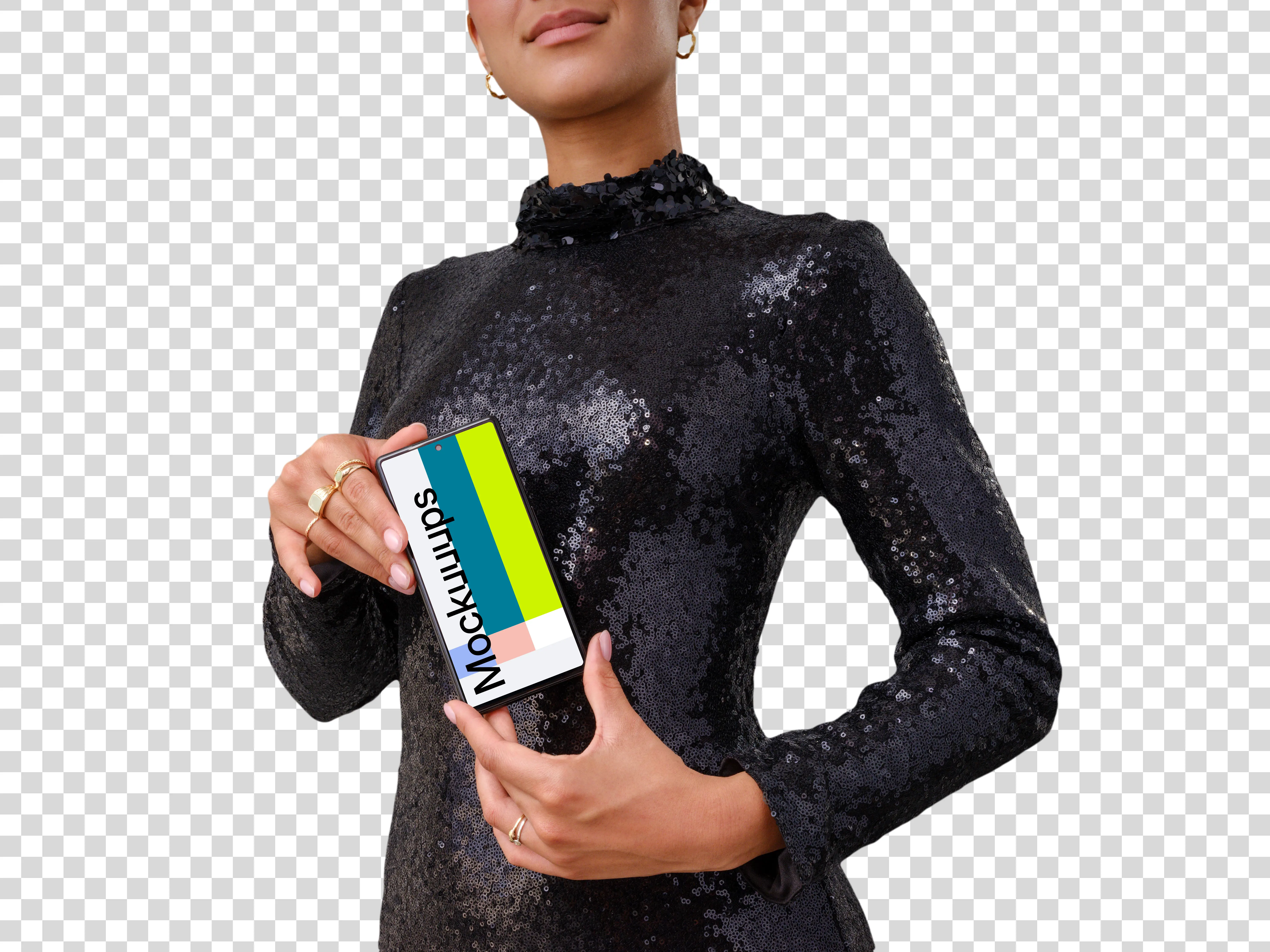 Extravagant woman showcases a Google Pixel mockup