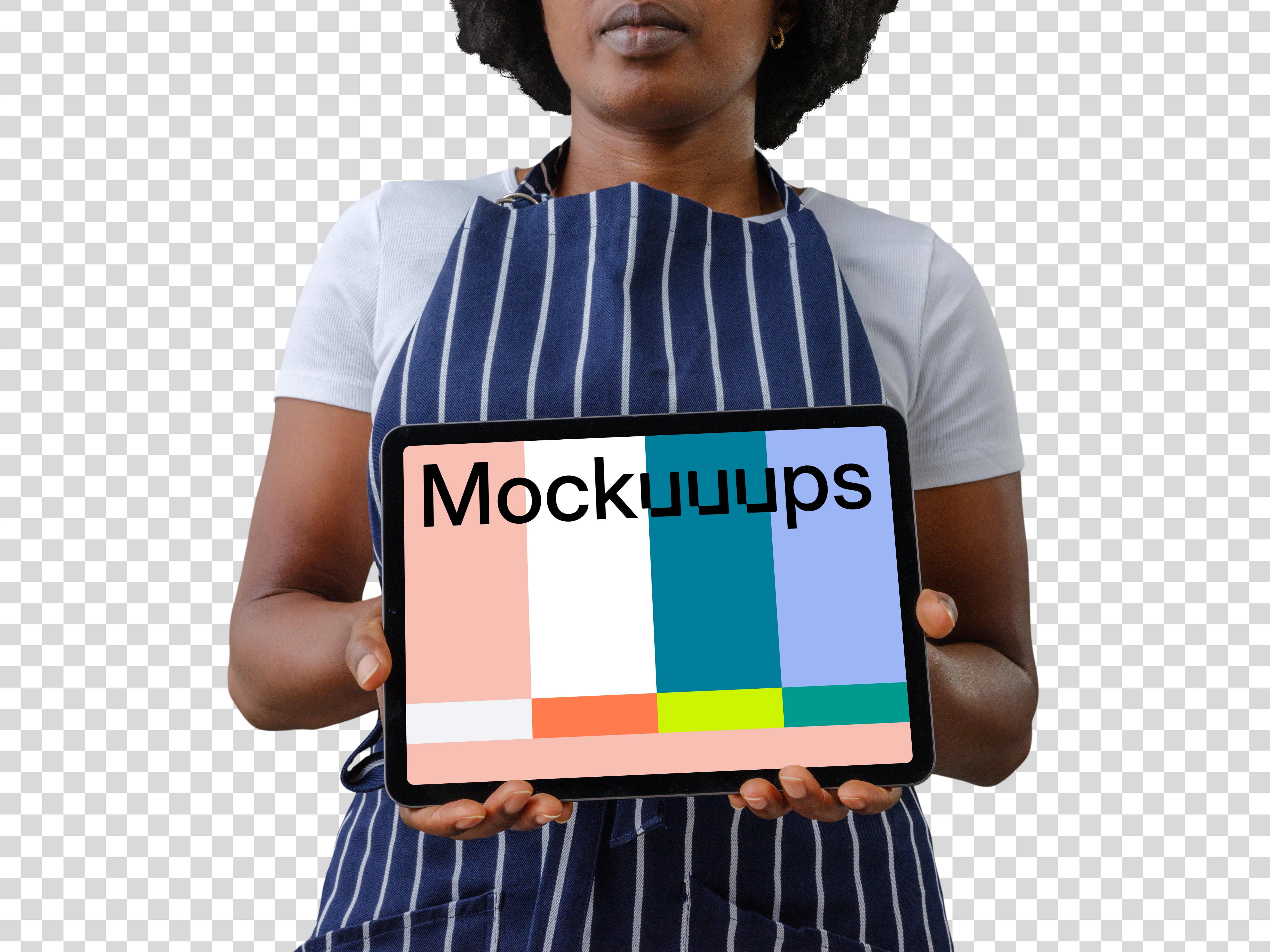 Female chef holding an iPad Air mockup