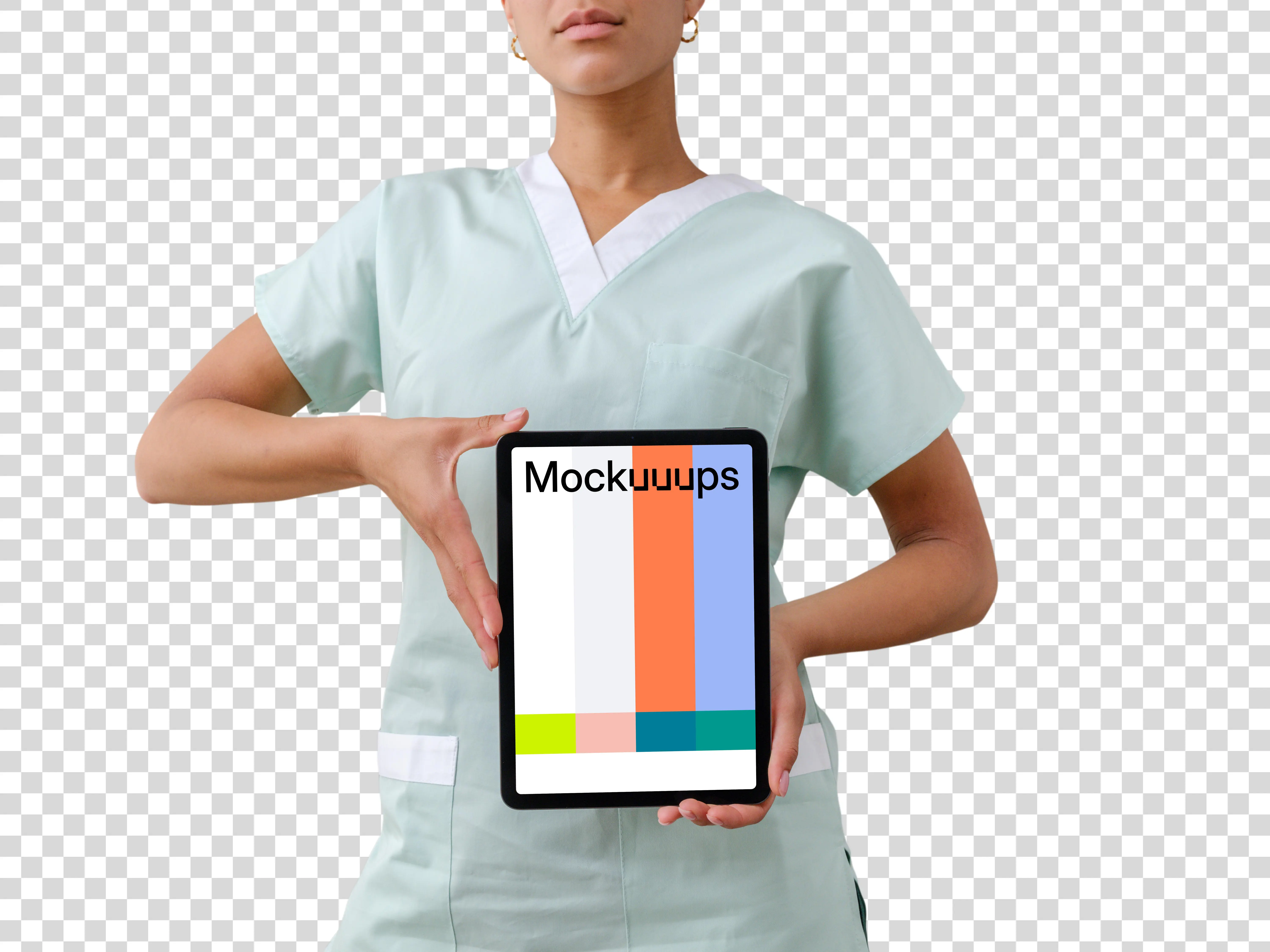 Female doctor holding an iPad mockup in her hands