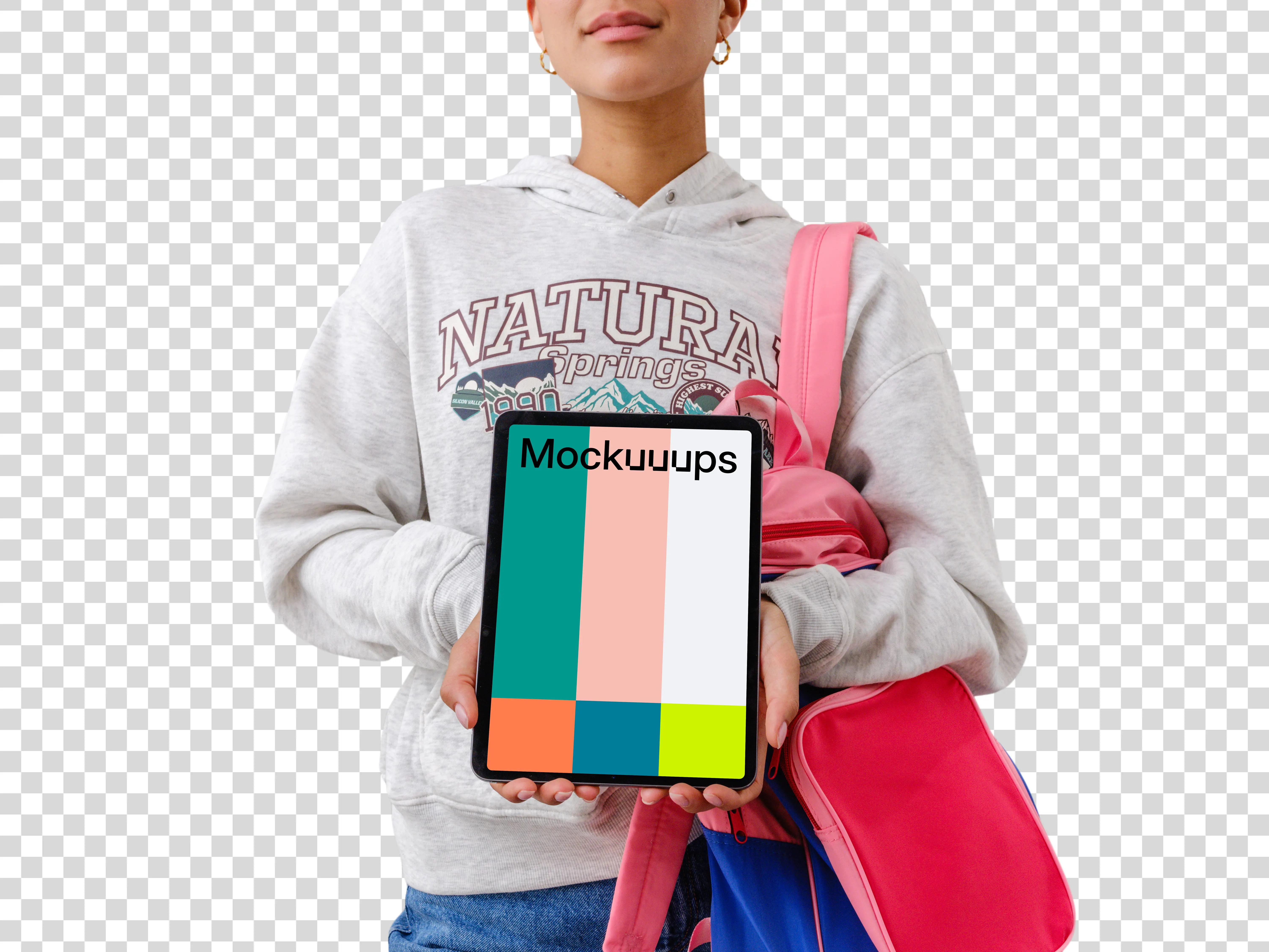 Female student holding an iPad device mockup