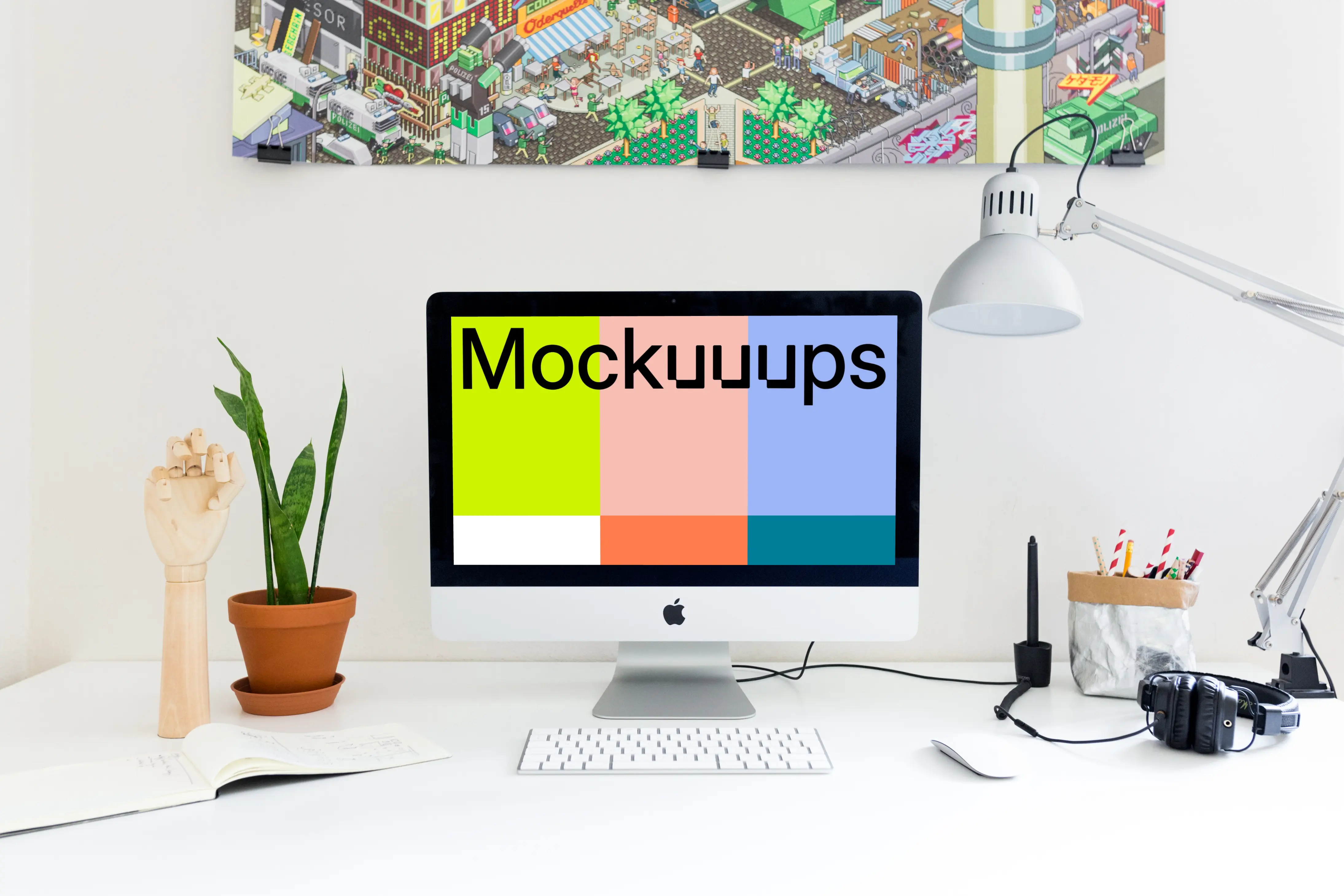 Front view of iMac mockup in the office