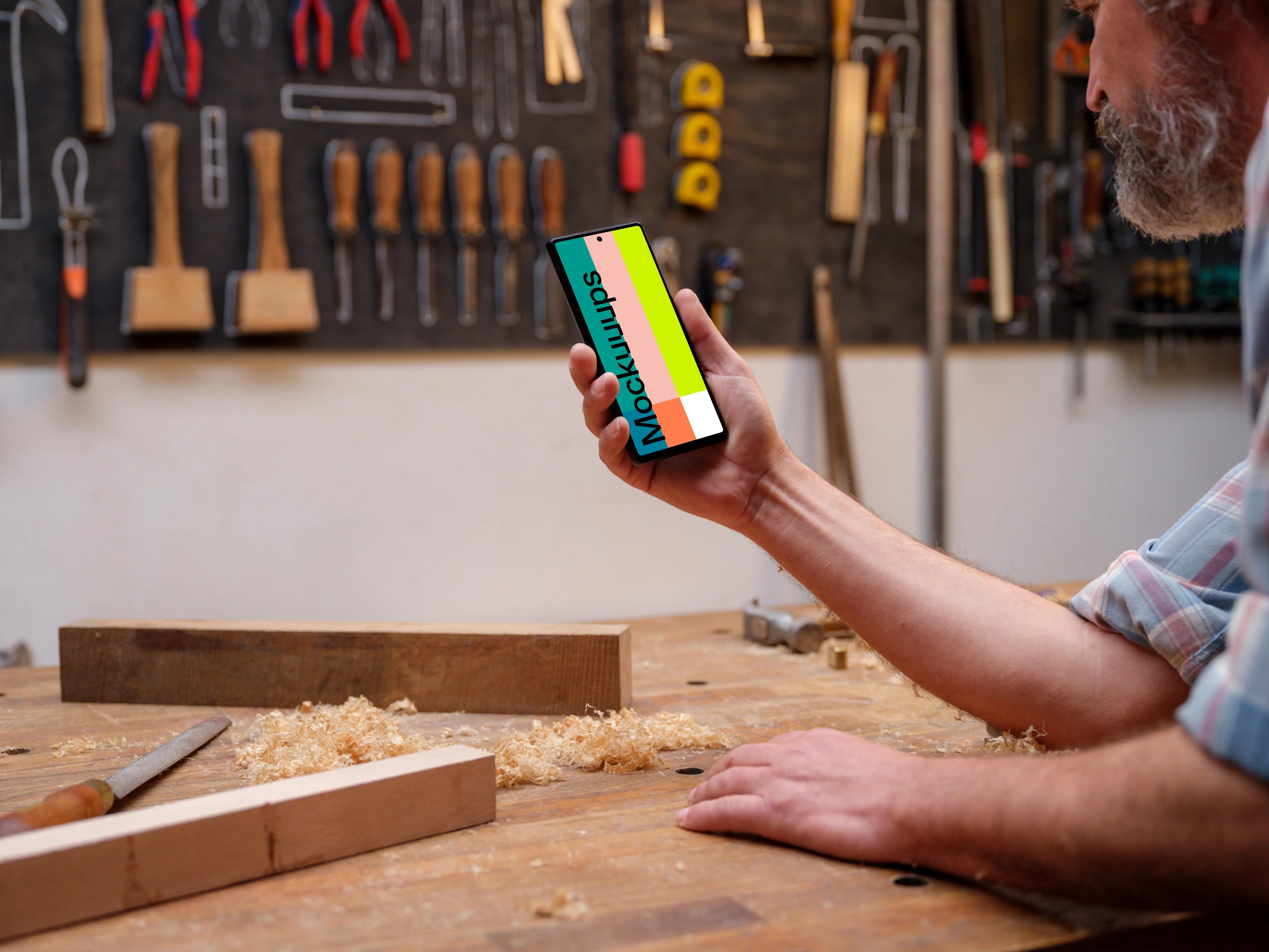 Google Pixel 6 mockup in carpenter's hand