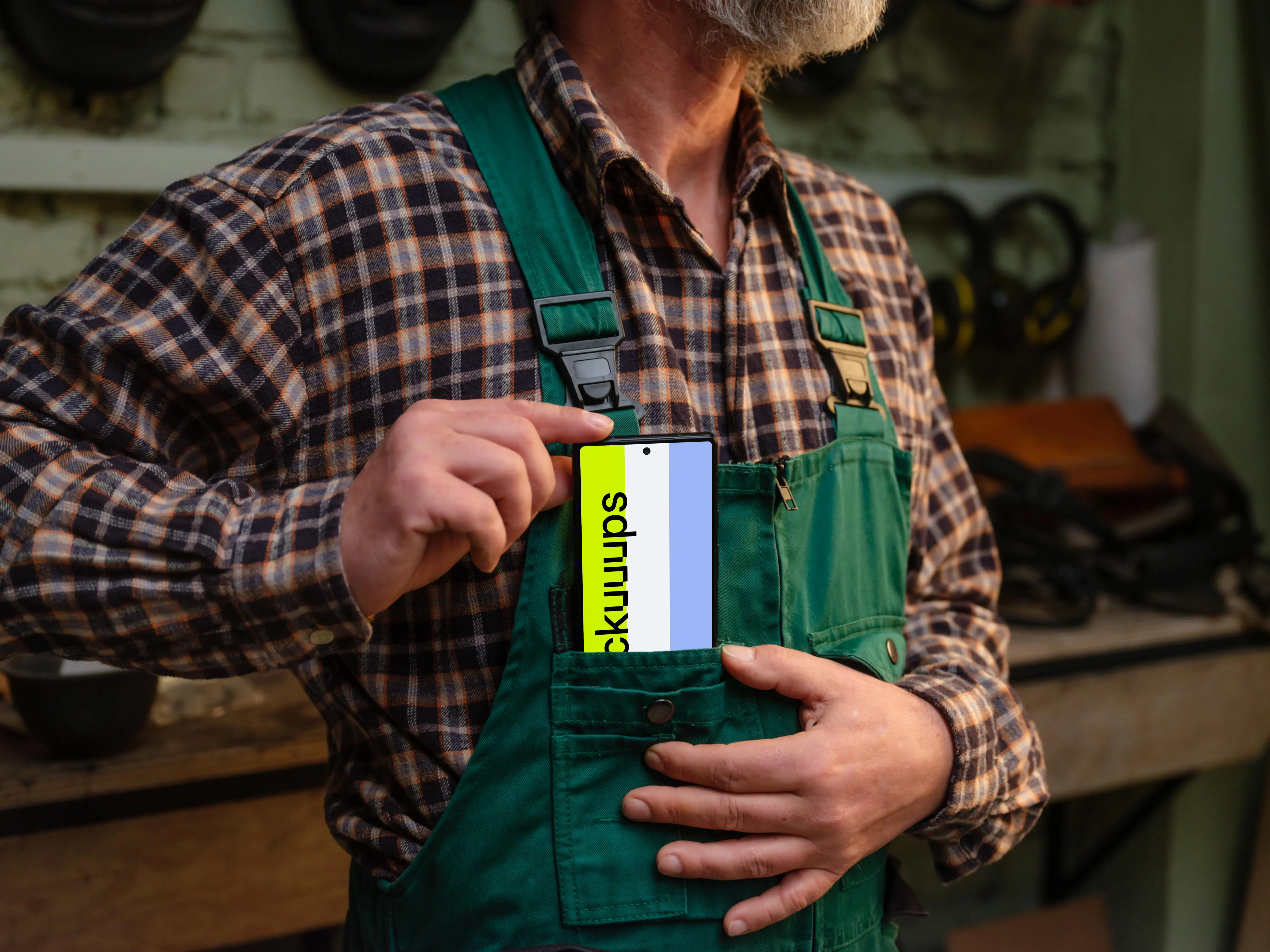 Google Pixel 6 mockup in the crafter’s overalls