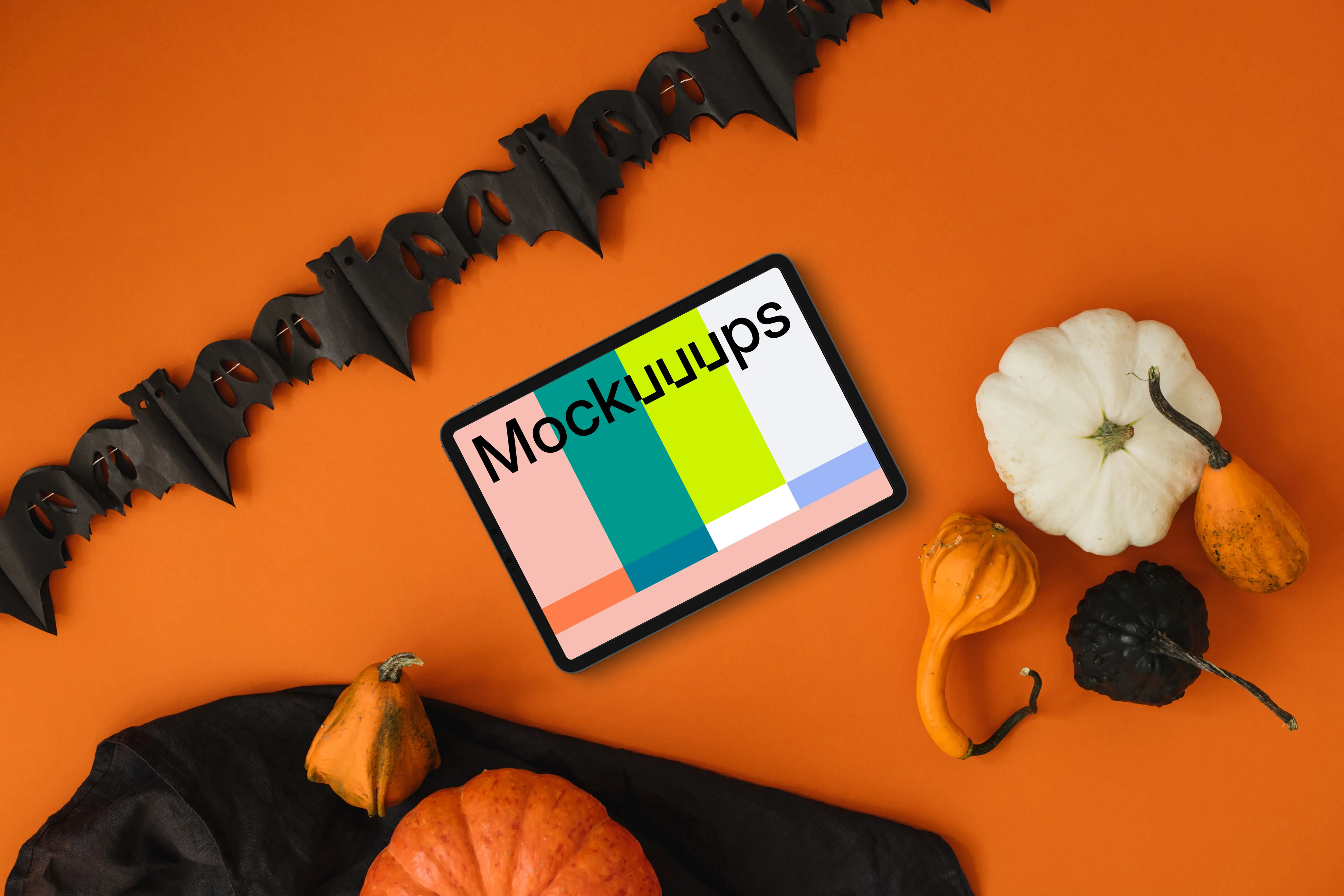 Halloween theme mockup with tablet and bats