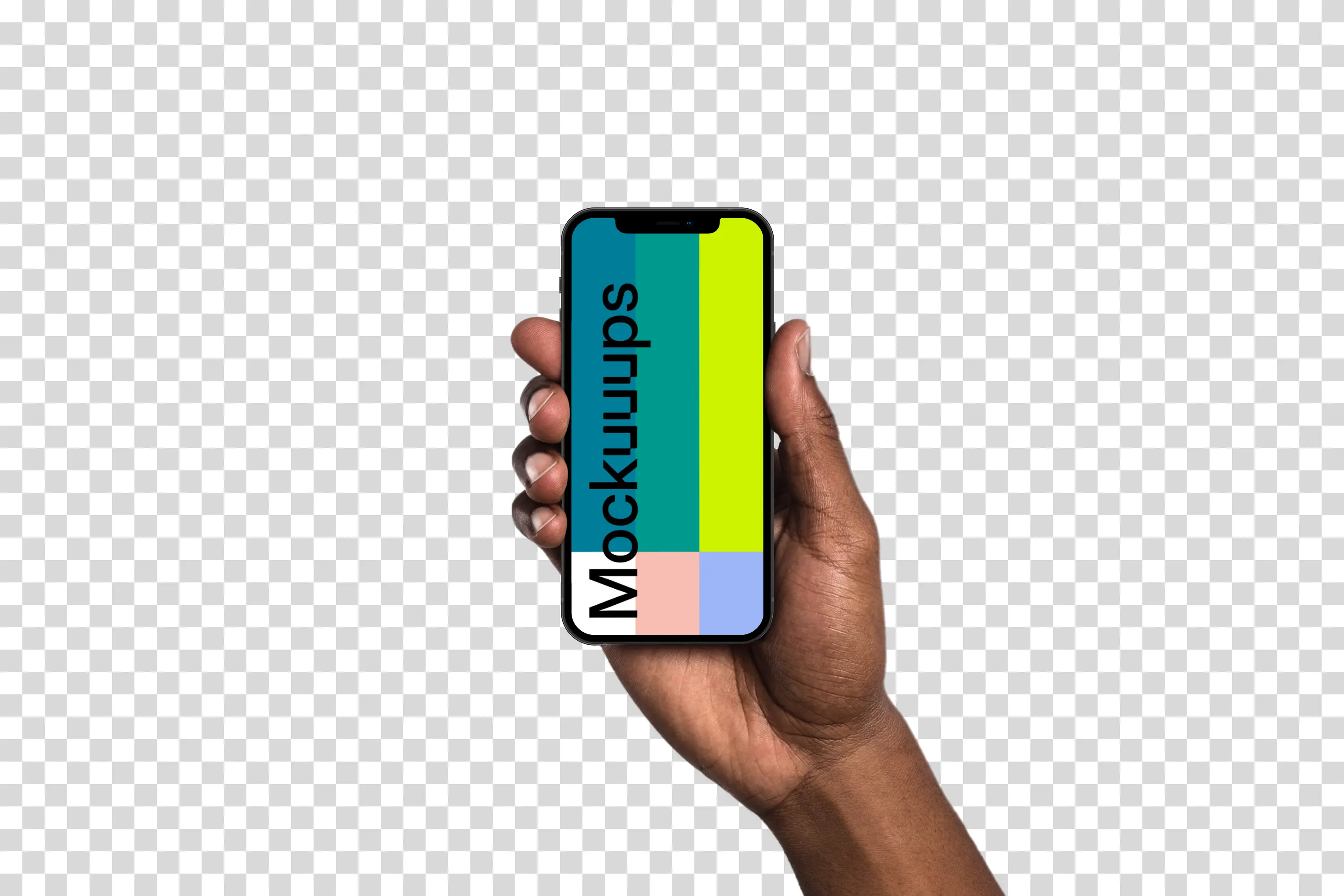 Hand holding iPhone 12 mockup (Black skin)