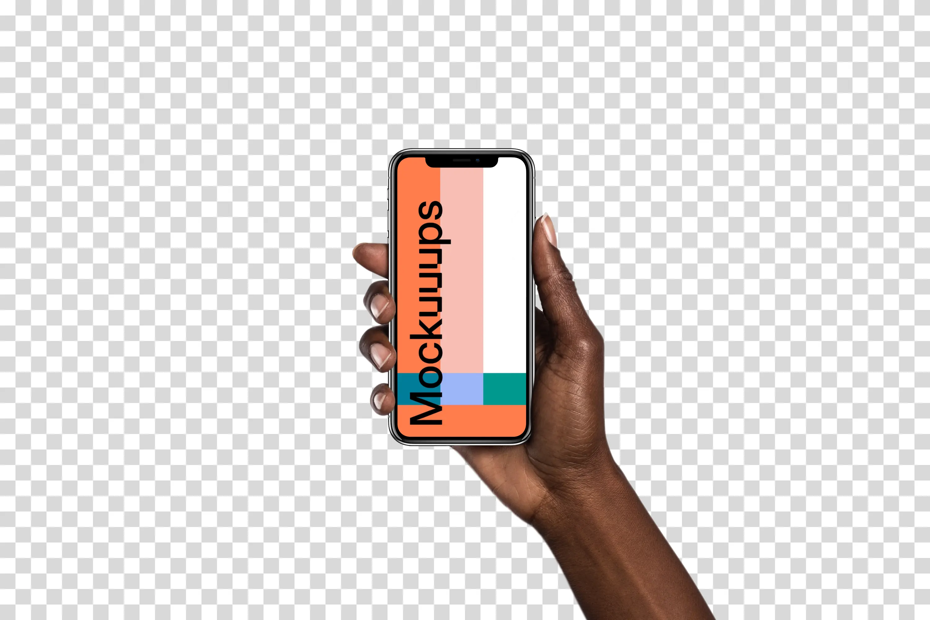 Hand holding iPhone X mockup (Black skin)