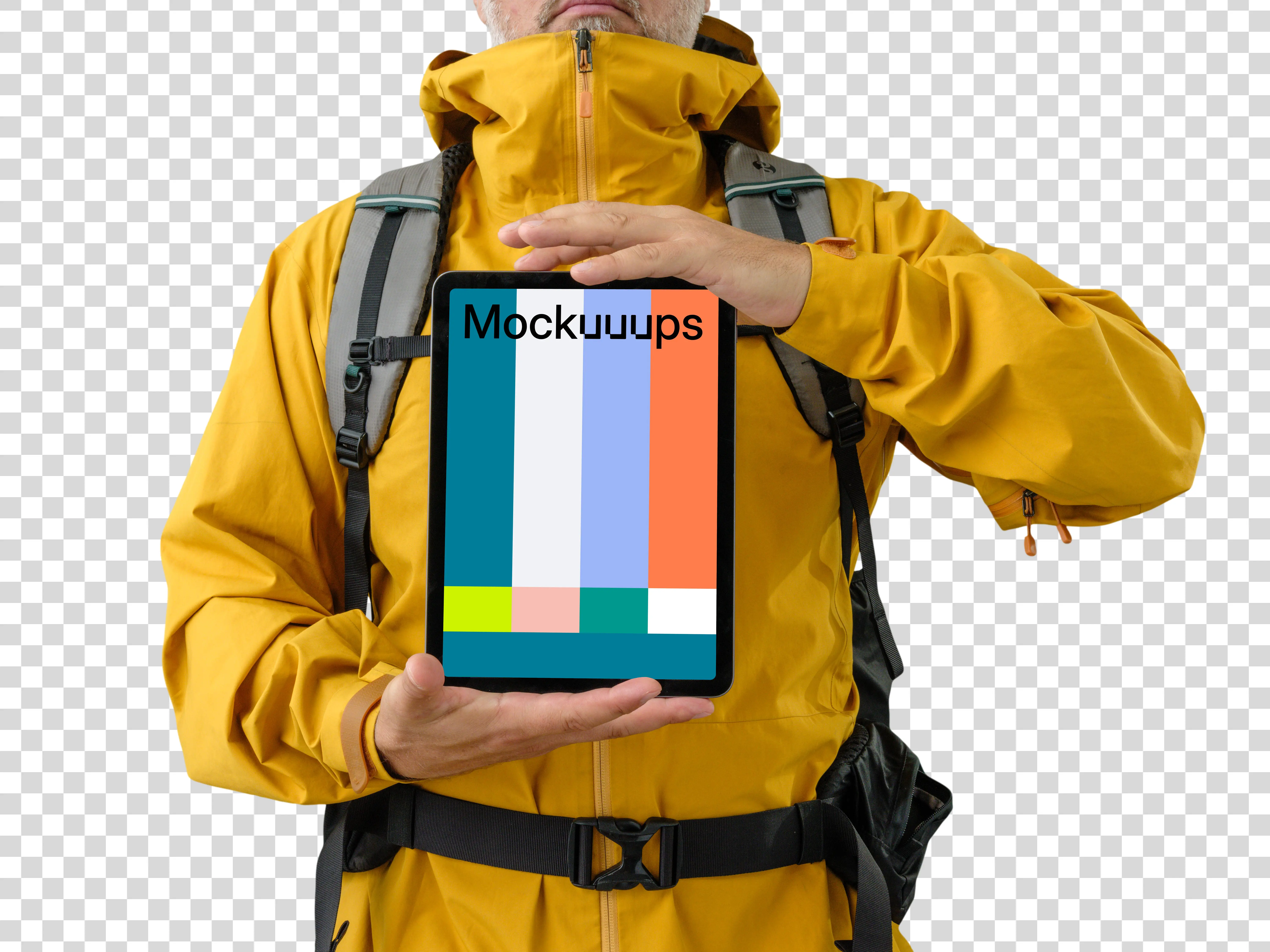 Hiker in yellow jacket with an iPad mockup