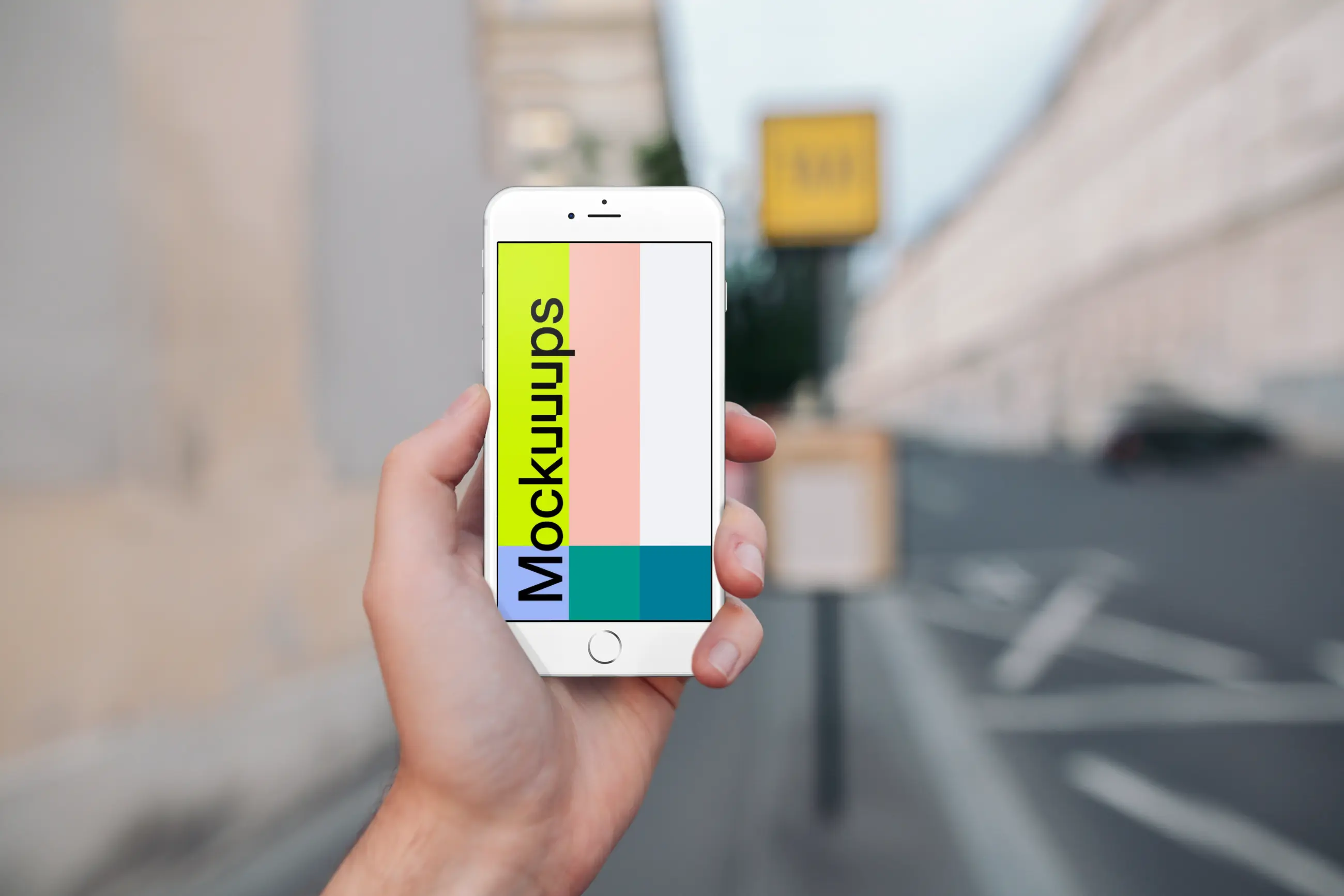 Holding iPhone 6s mockup in front of a Taxi Stand