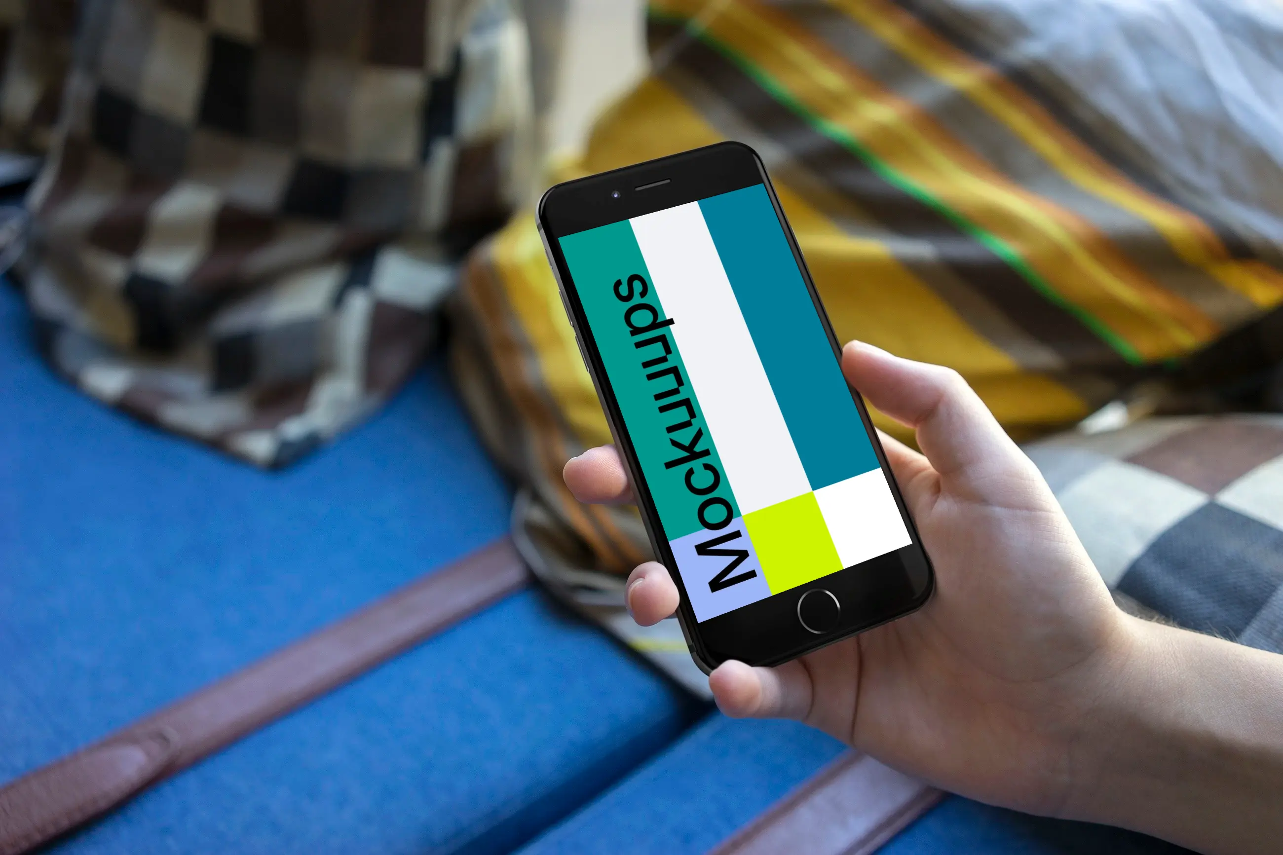 Holding iPhone 6s mockup on a Sofa with Pillows