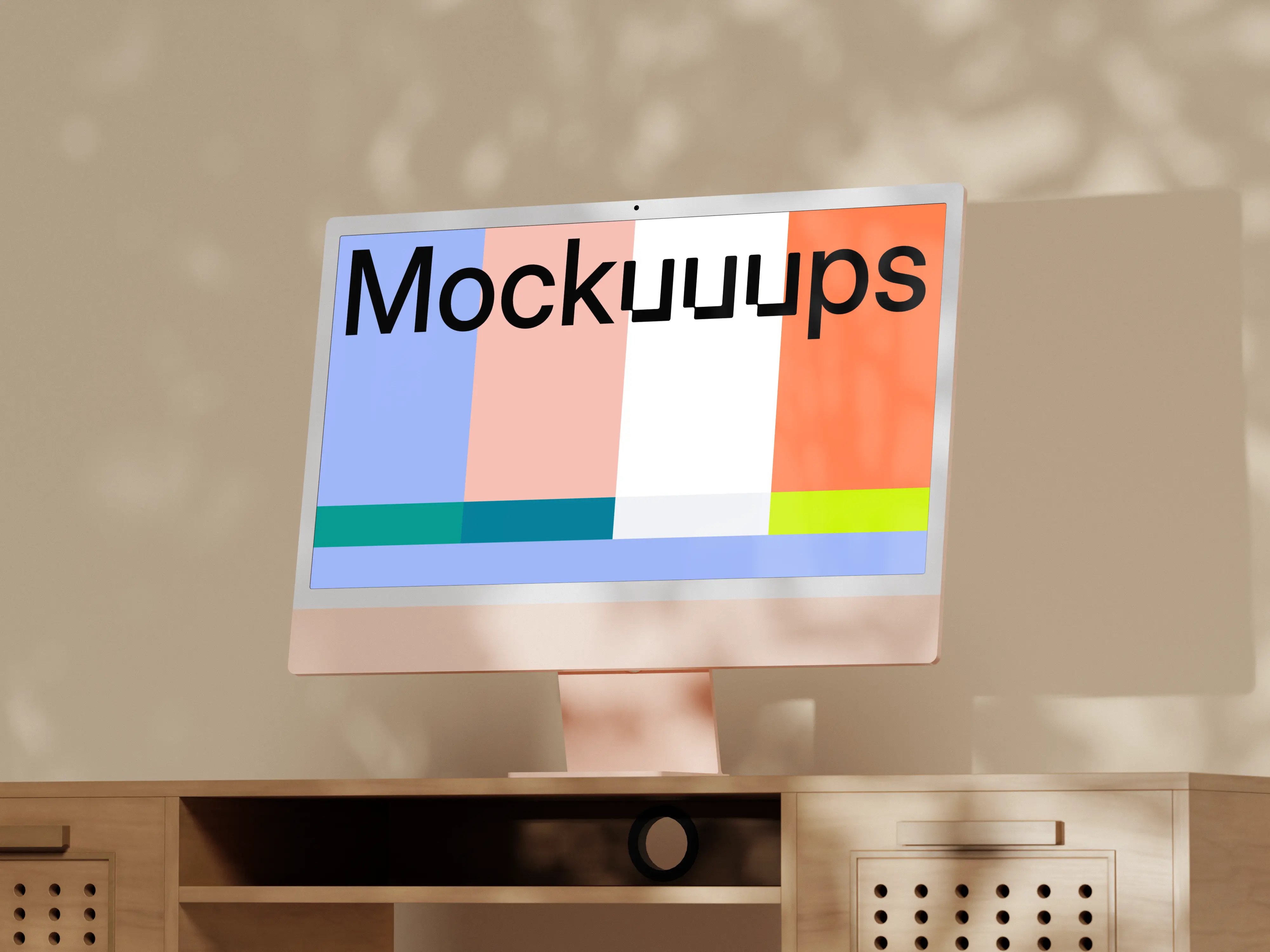 iMac mockup on a light wooden desk with soft shadows