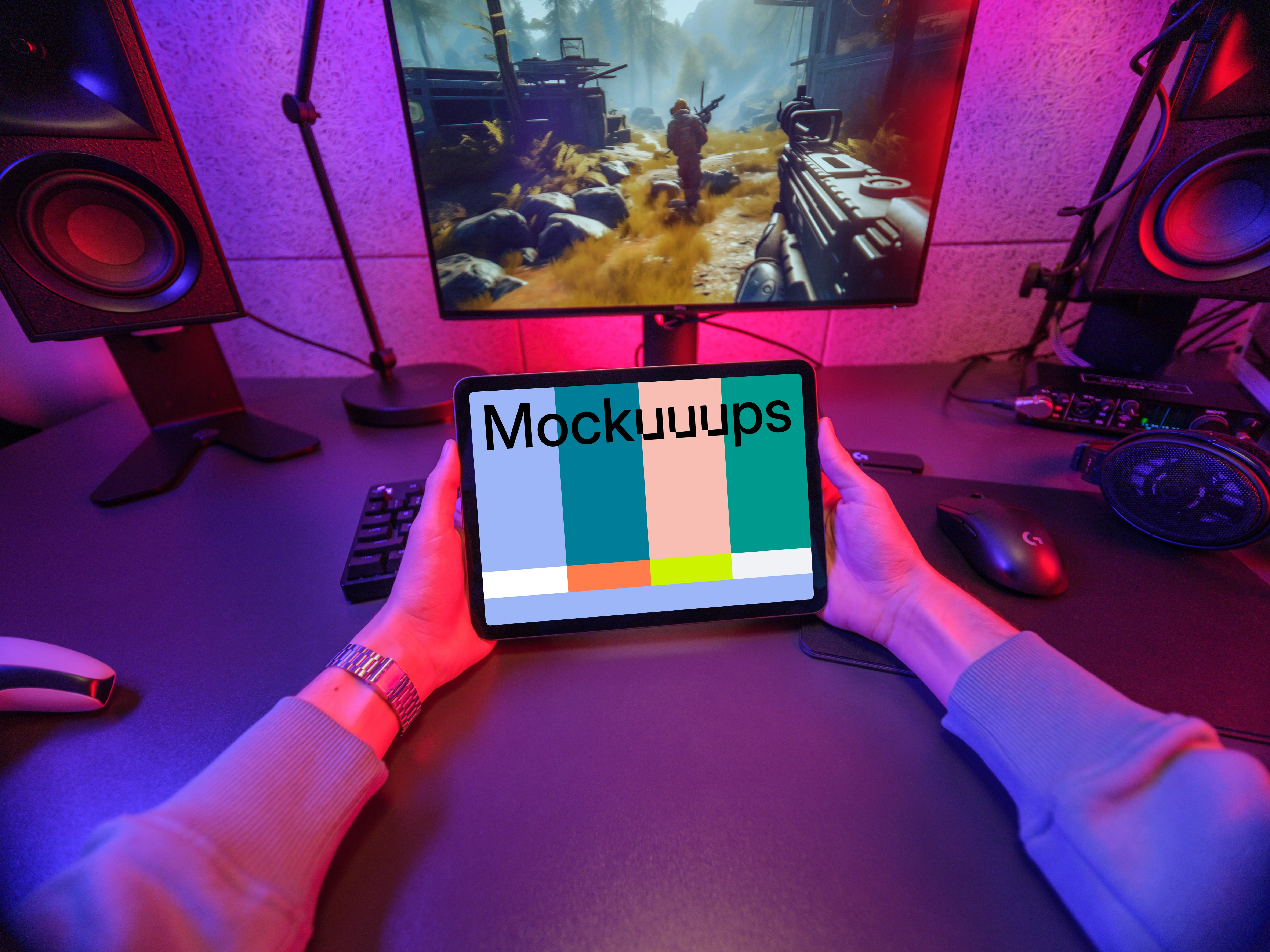 iPad Air mockup in ambient gaming setup