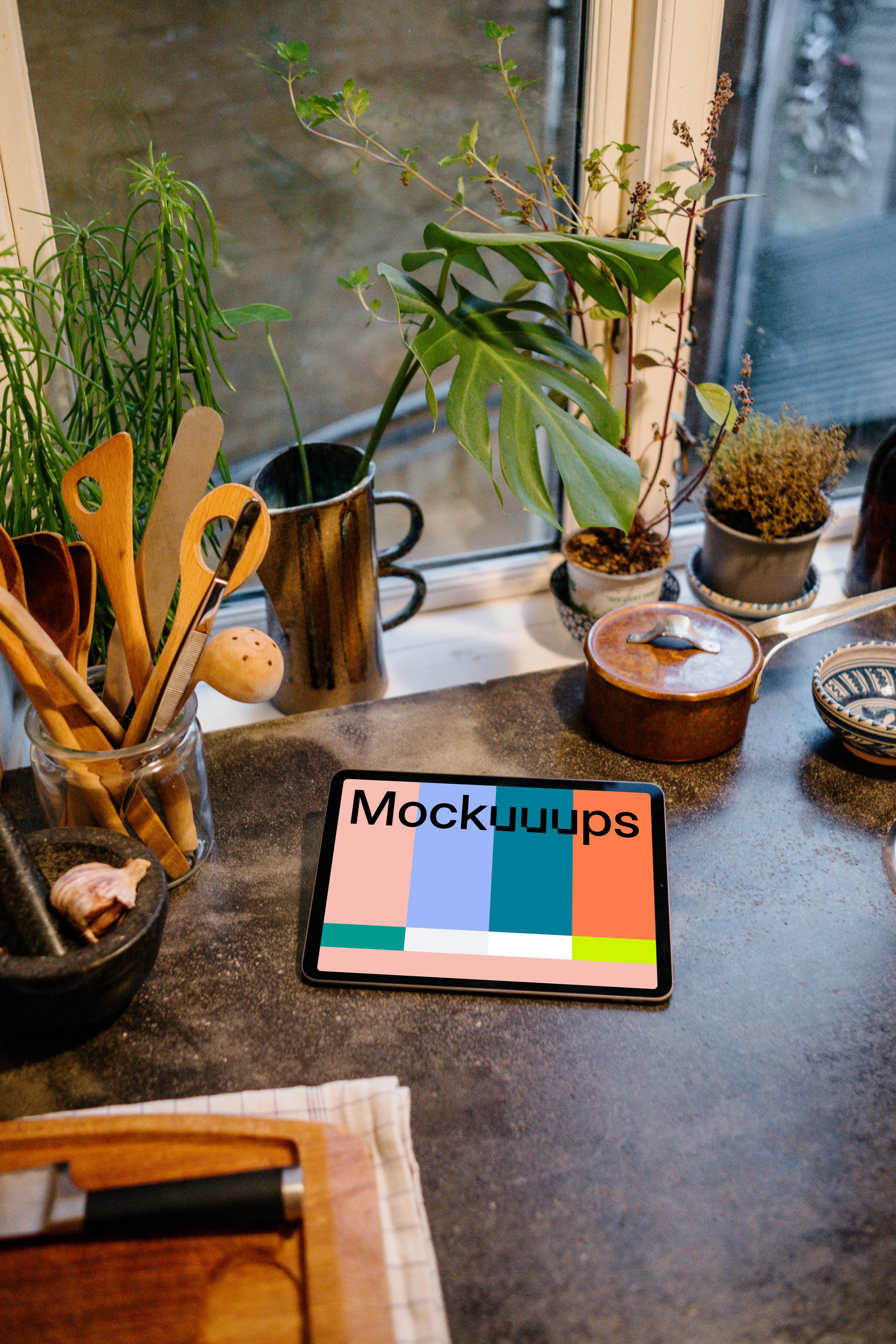 iPad Air mockup in an elevated position on a kitchen table