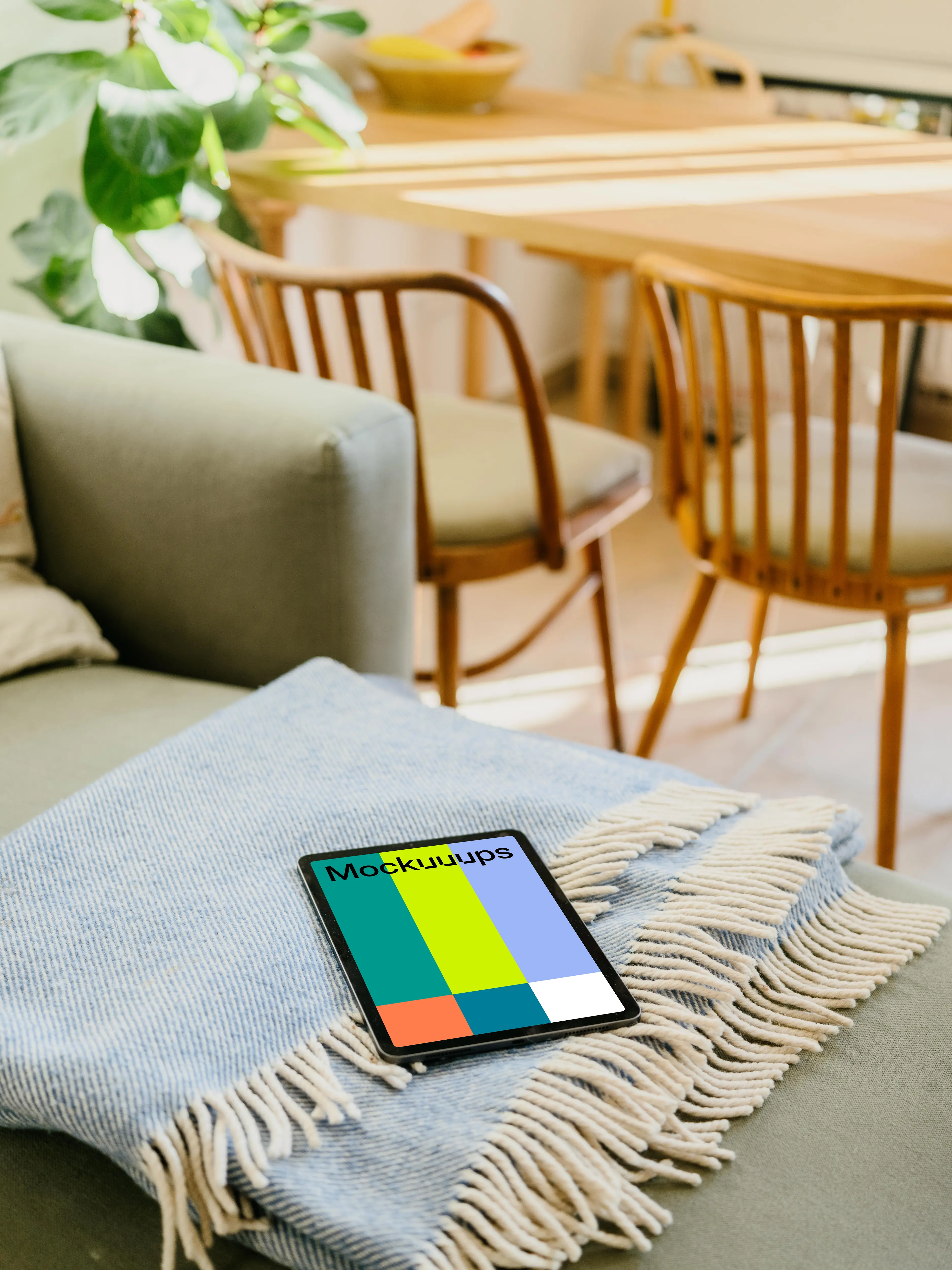 iPad Air mockup lying on a folded blanket 