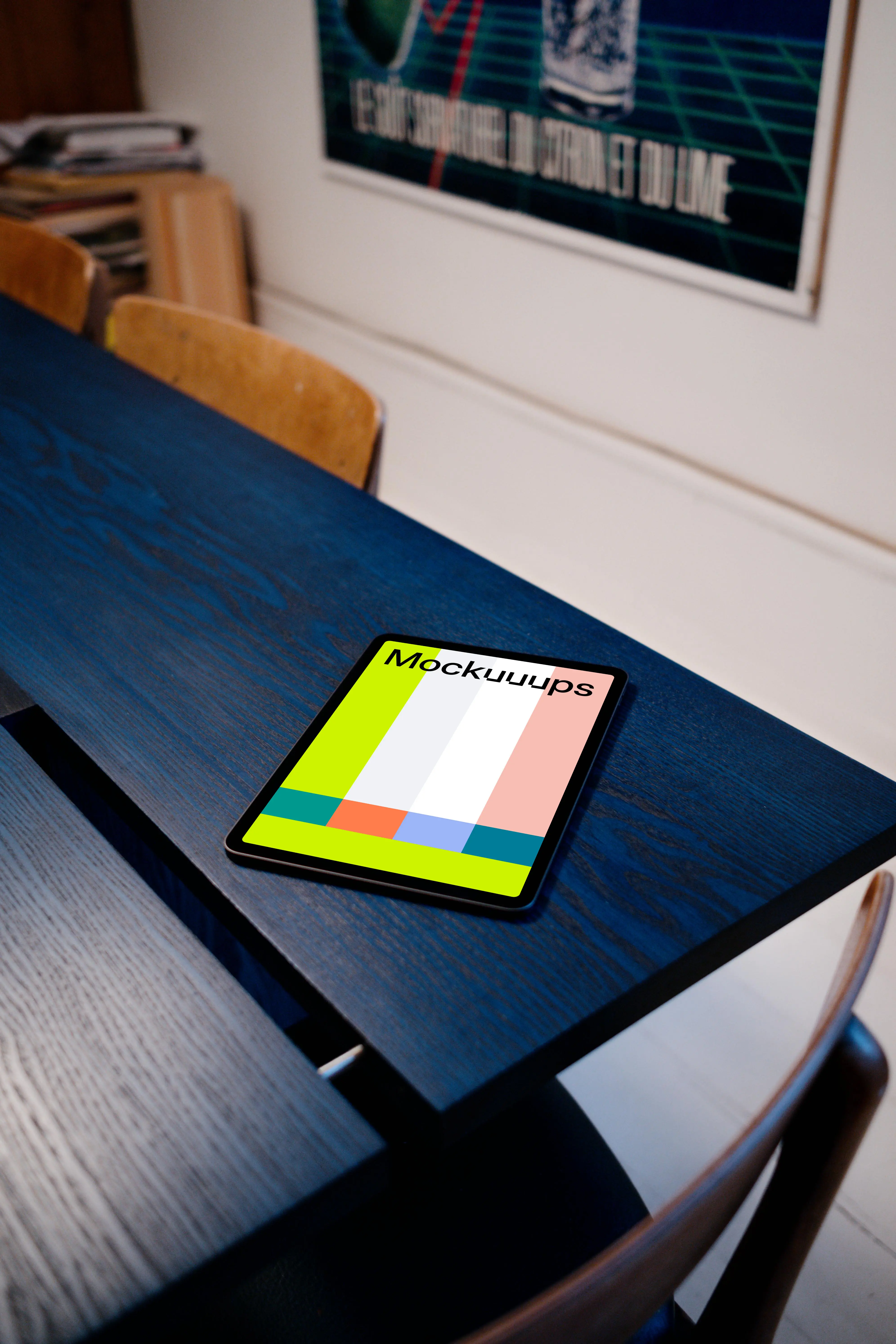 iPad Air mockup on a blue table mockup