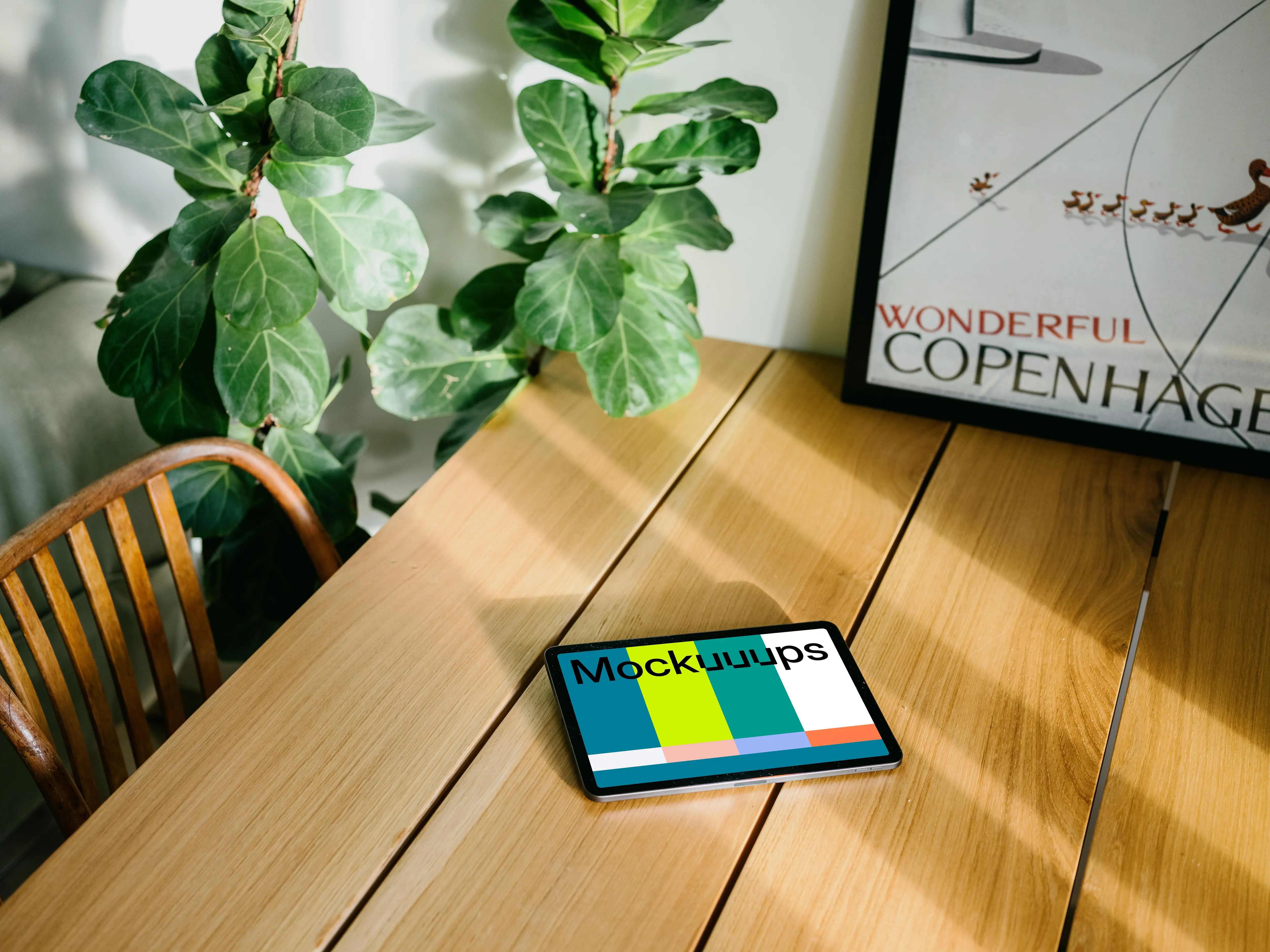 iPad Air mockup on a dining table in front of a framed photo 