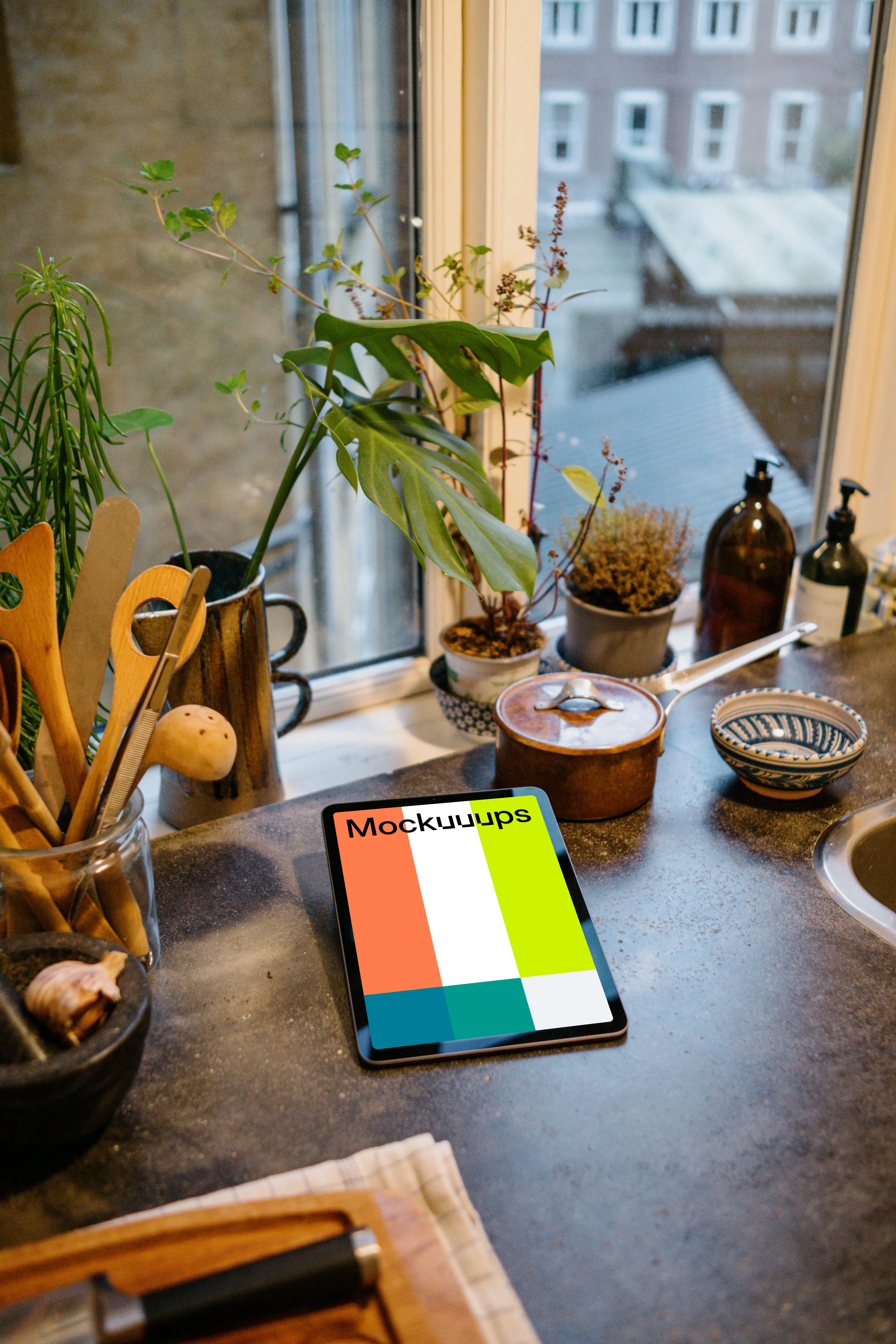 iPad Air mockup on a kitchen counter