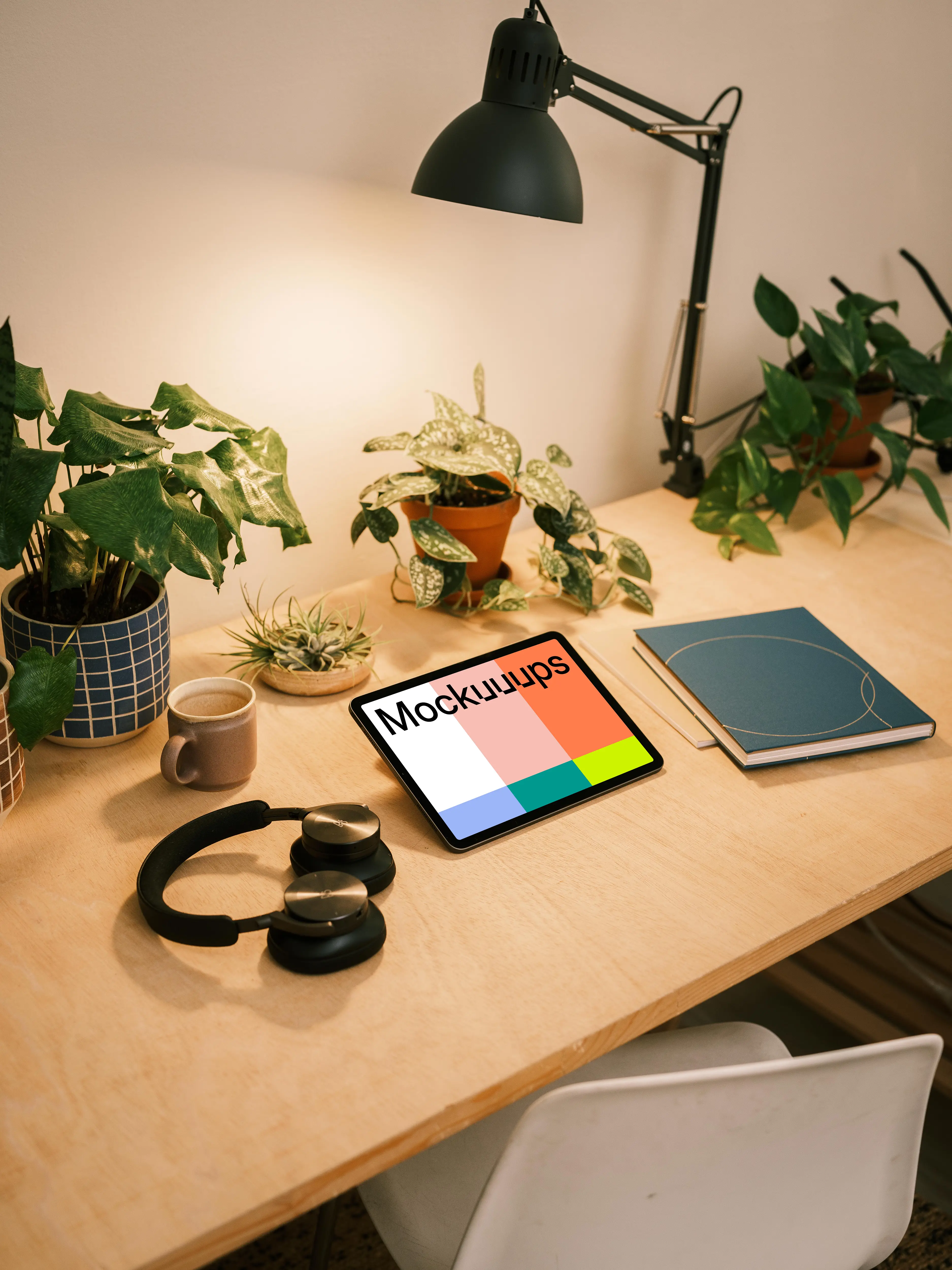 iPad Air mockup on a table beside multiple potted plants