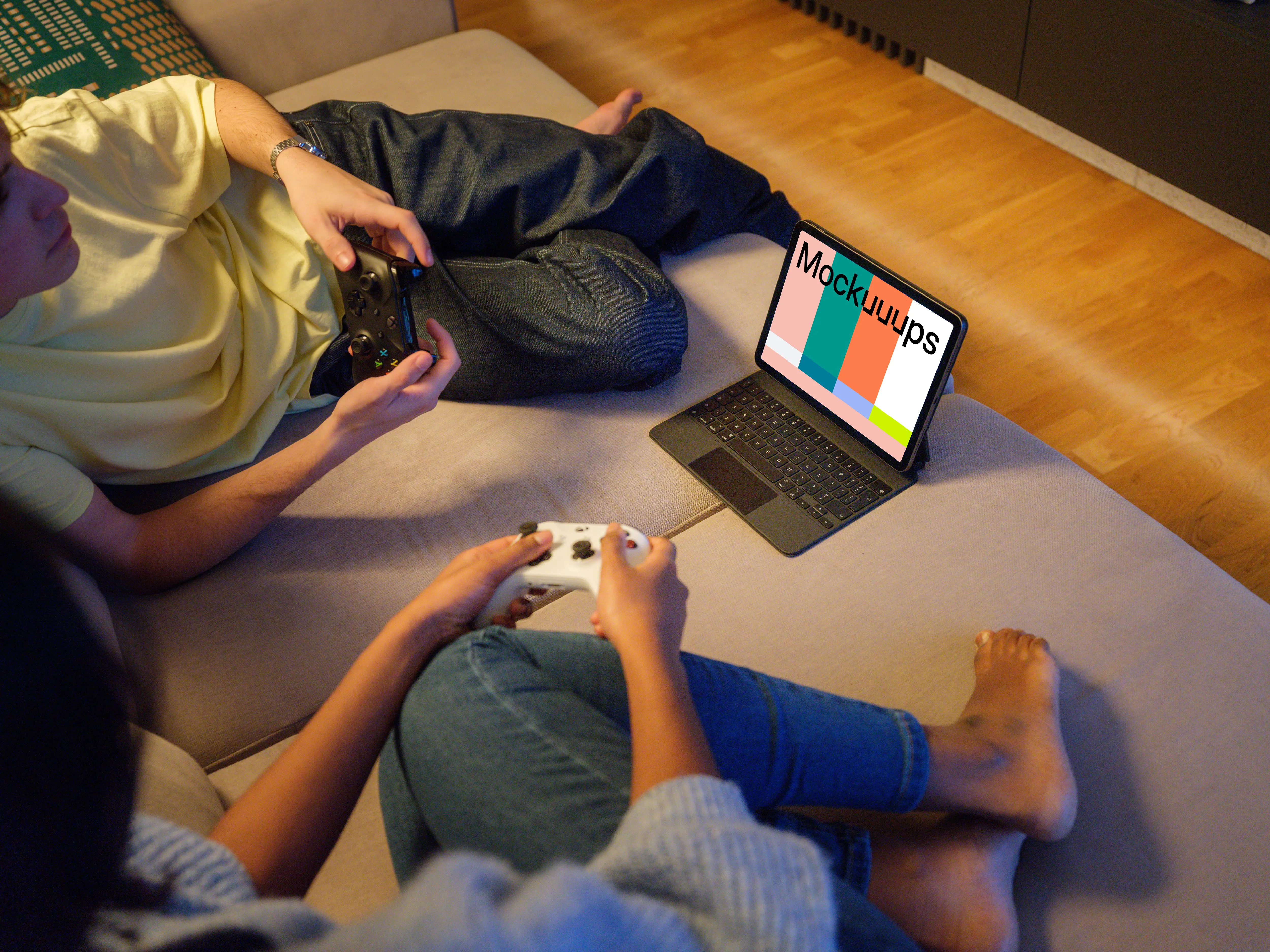 iPad Air mockup on cozy home couch during gaming