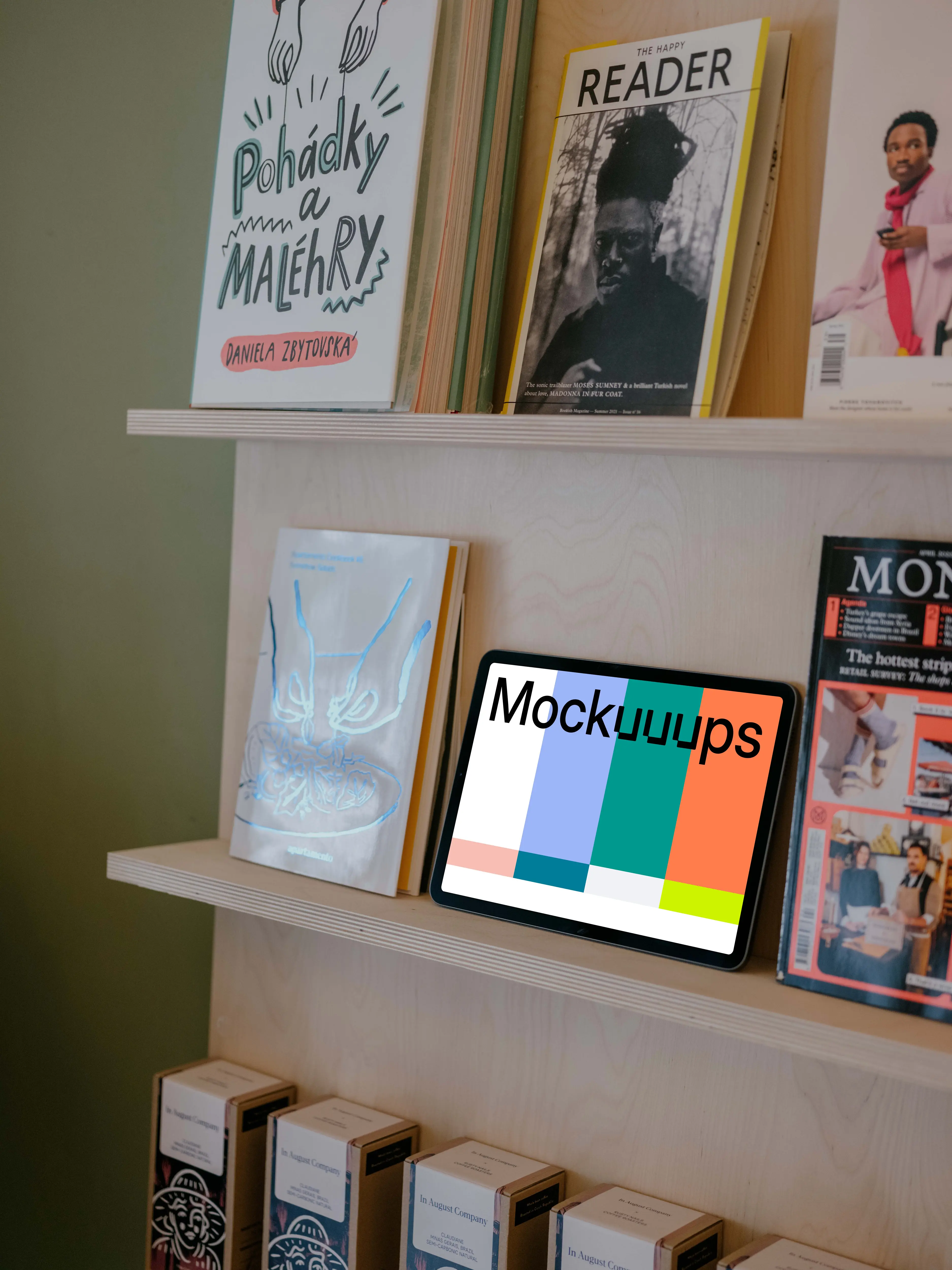 iPad Air mockup on wooden shelf