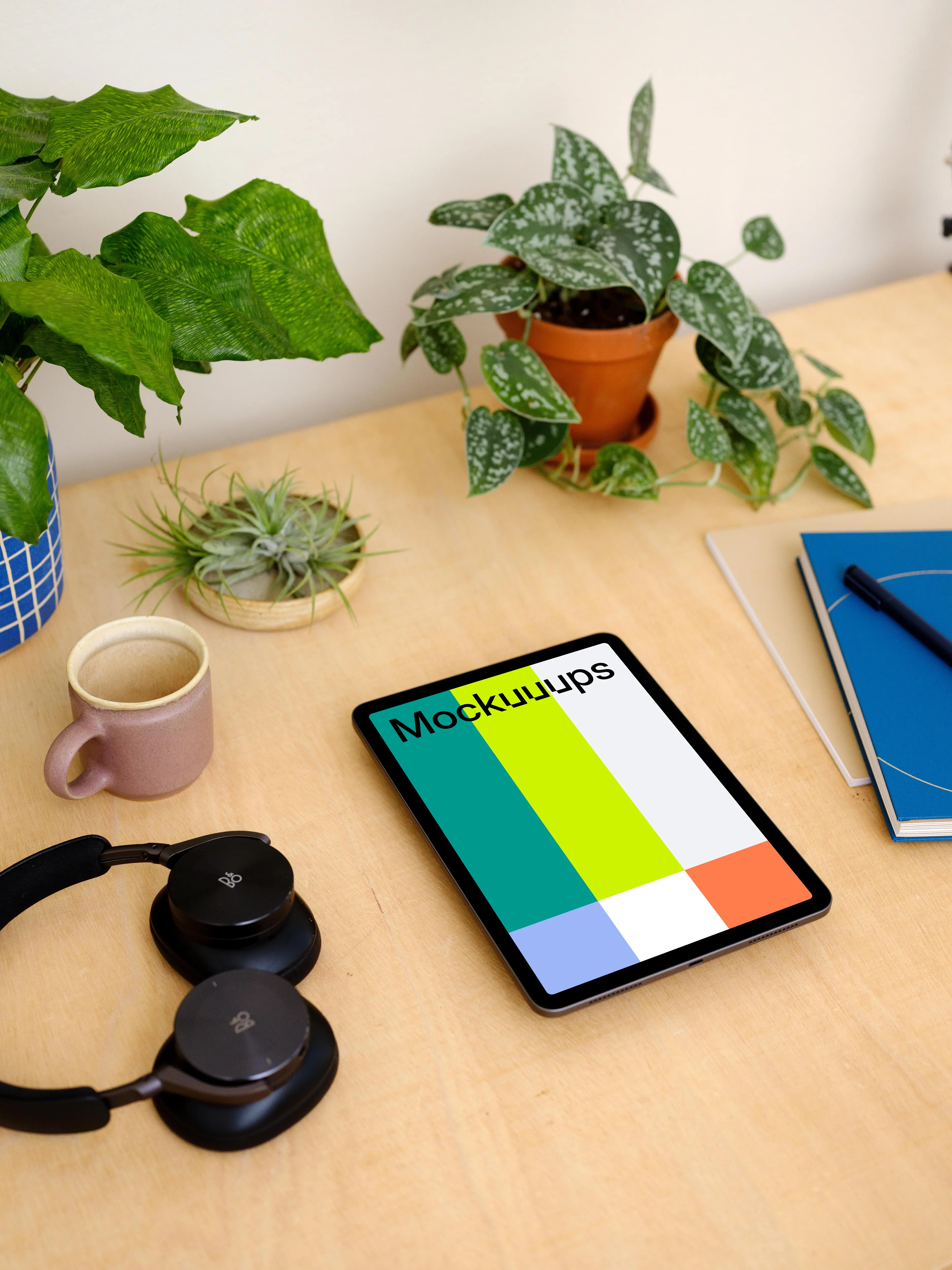  iPad Air mockup with a pair of headphones at the side