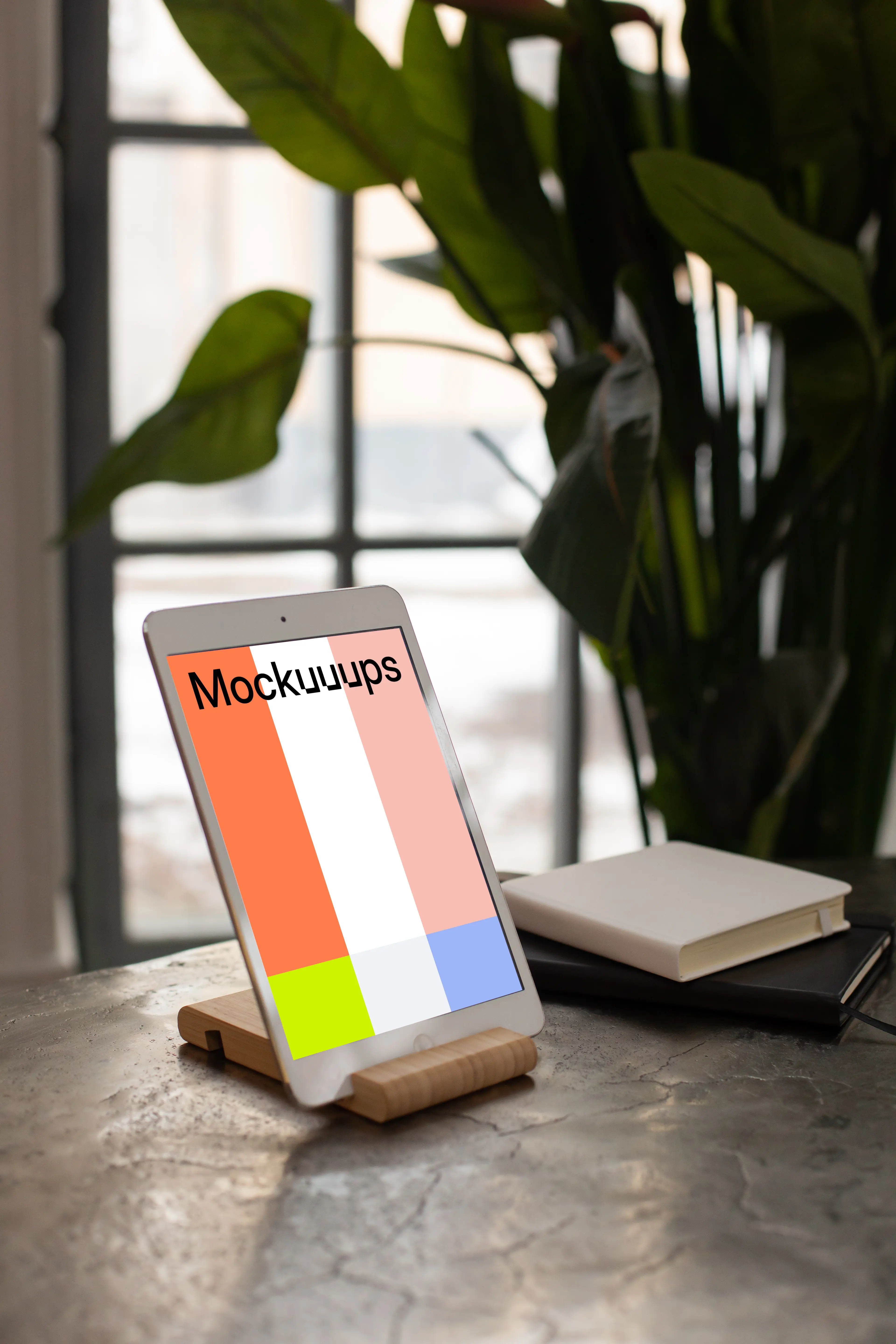 iPad Mini mockup on an wooden stand