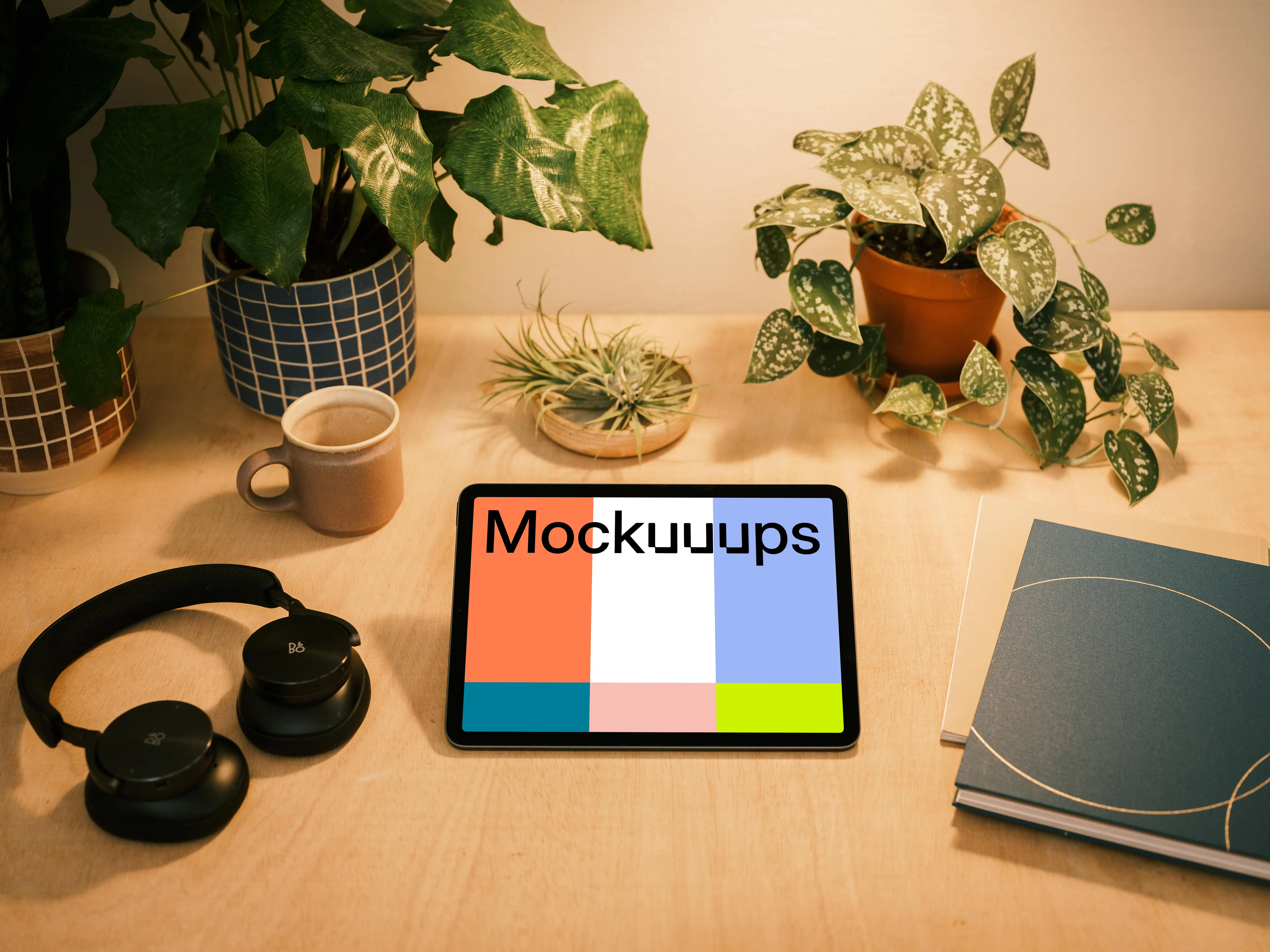iPad mockup on a table with a diary at the side