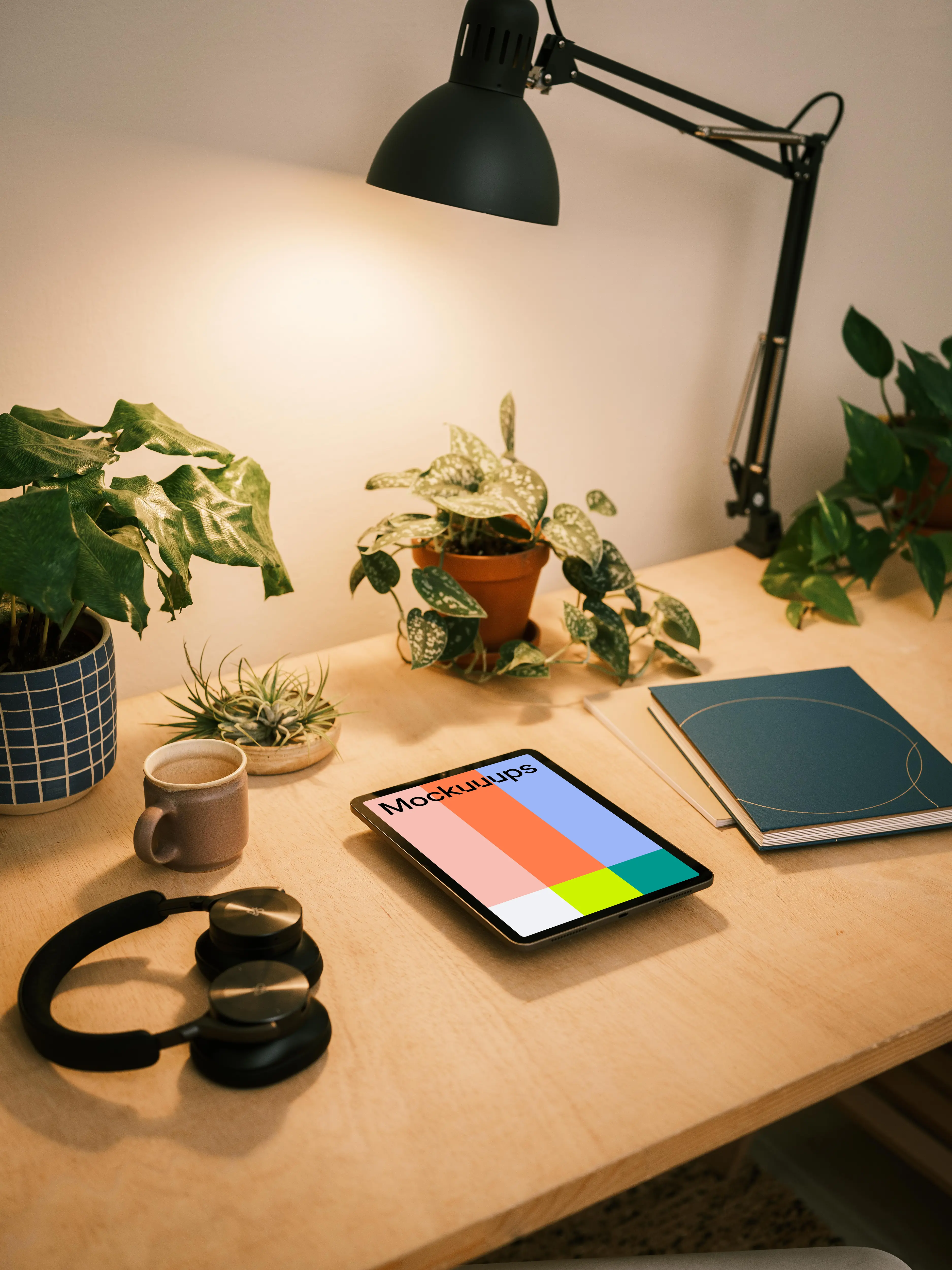 iPad mockup with a spiral bound notebook at the side