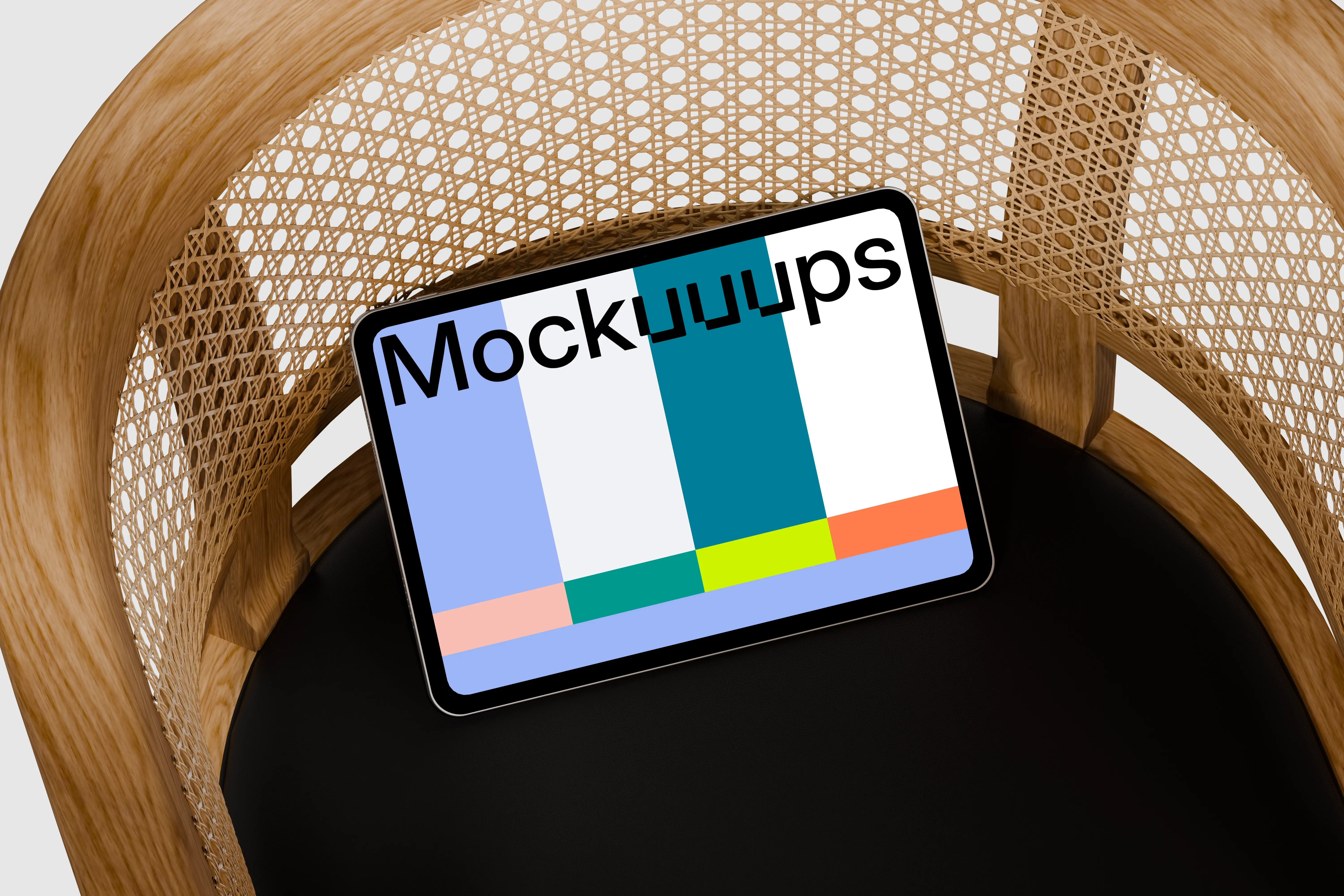 iPad Pro mockup on a modern wooden chair