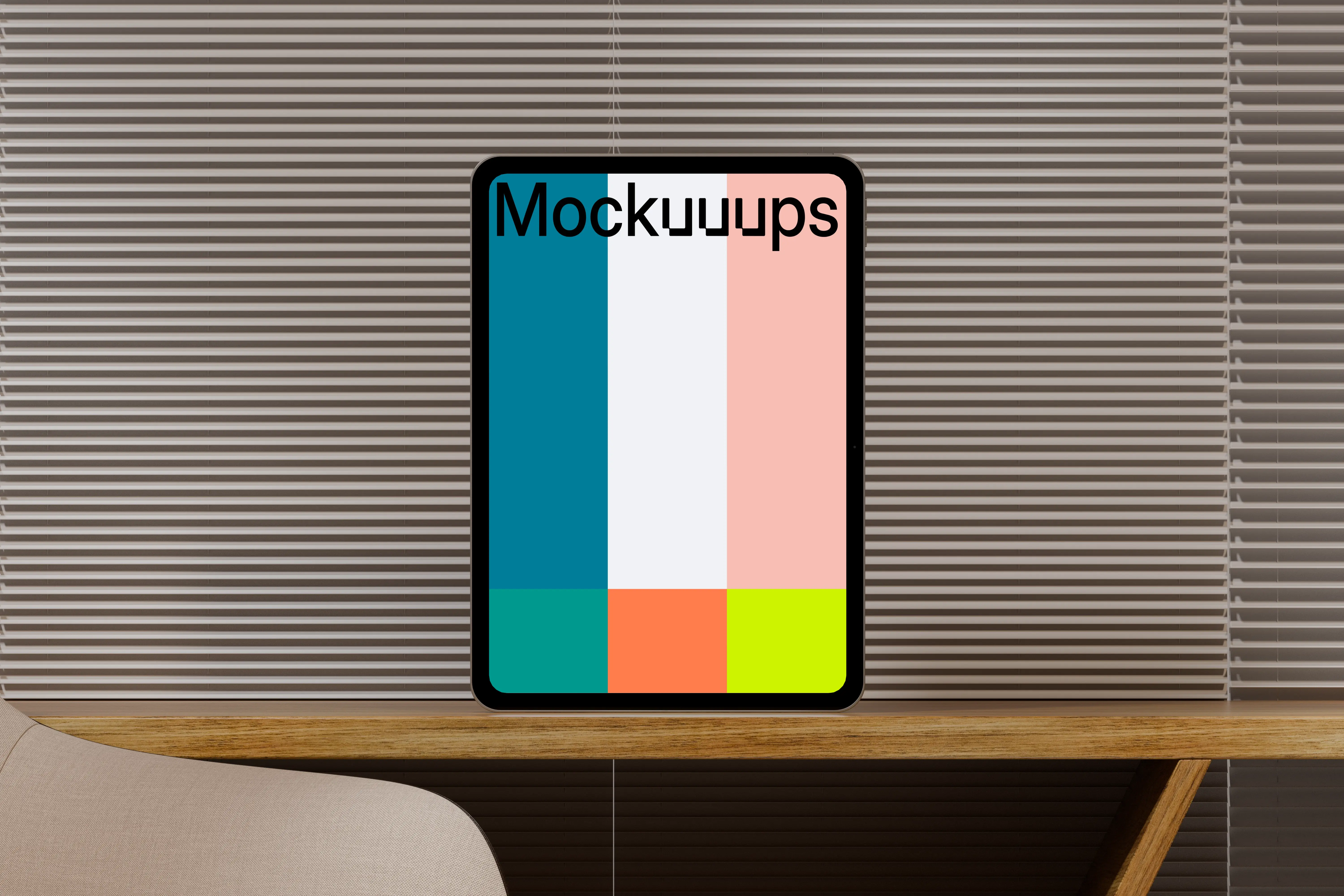 iPad Pro mockup on a wooden desk with blinds