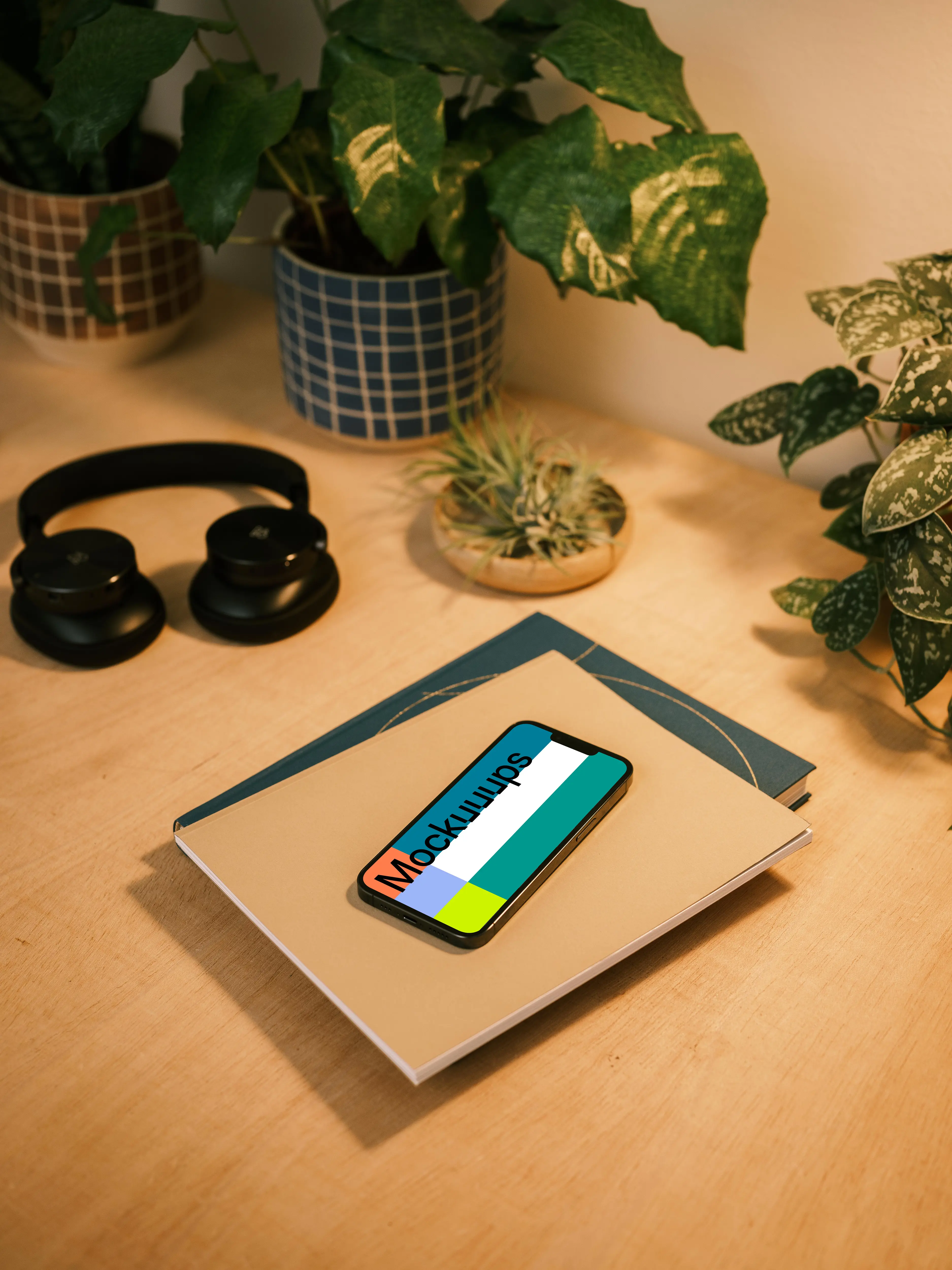 iPhone 13 Pro mockup on a stack of notebooks