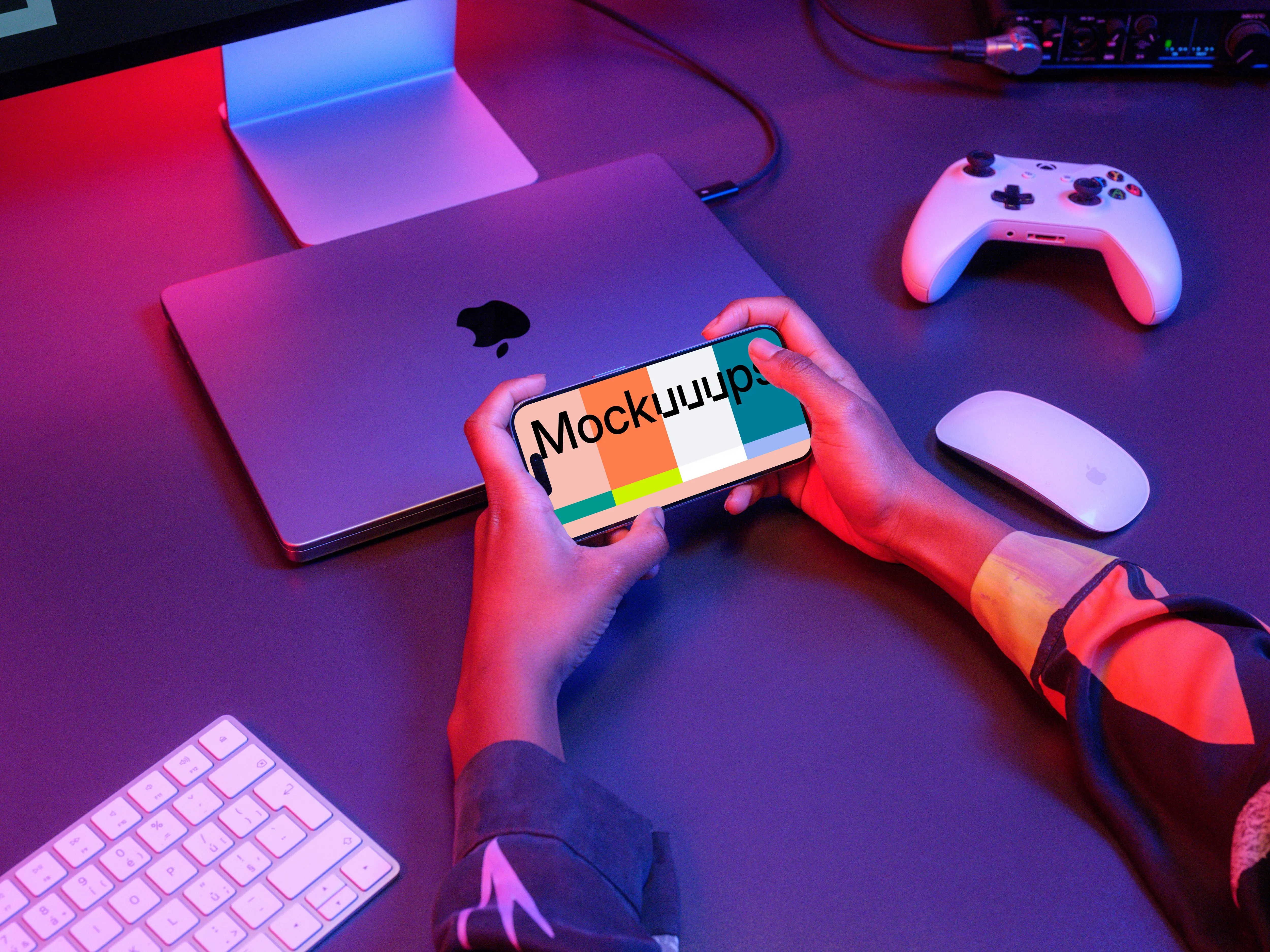 iPhone 15 Pro Mockup in a Gaming Setup