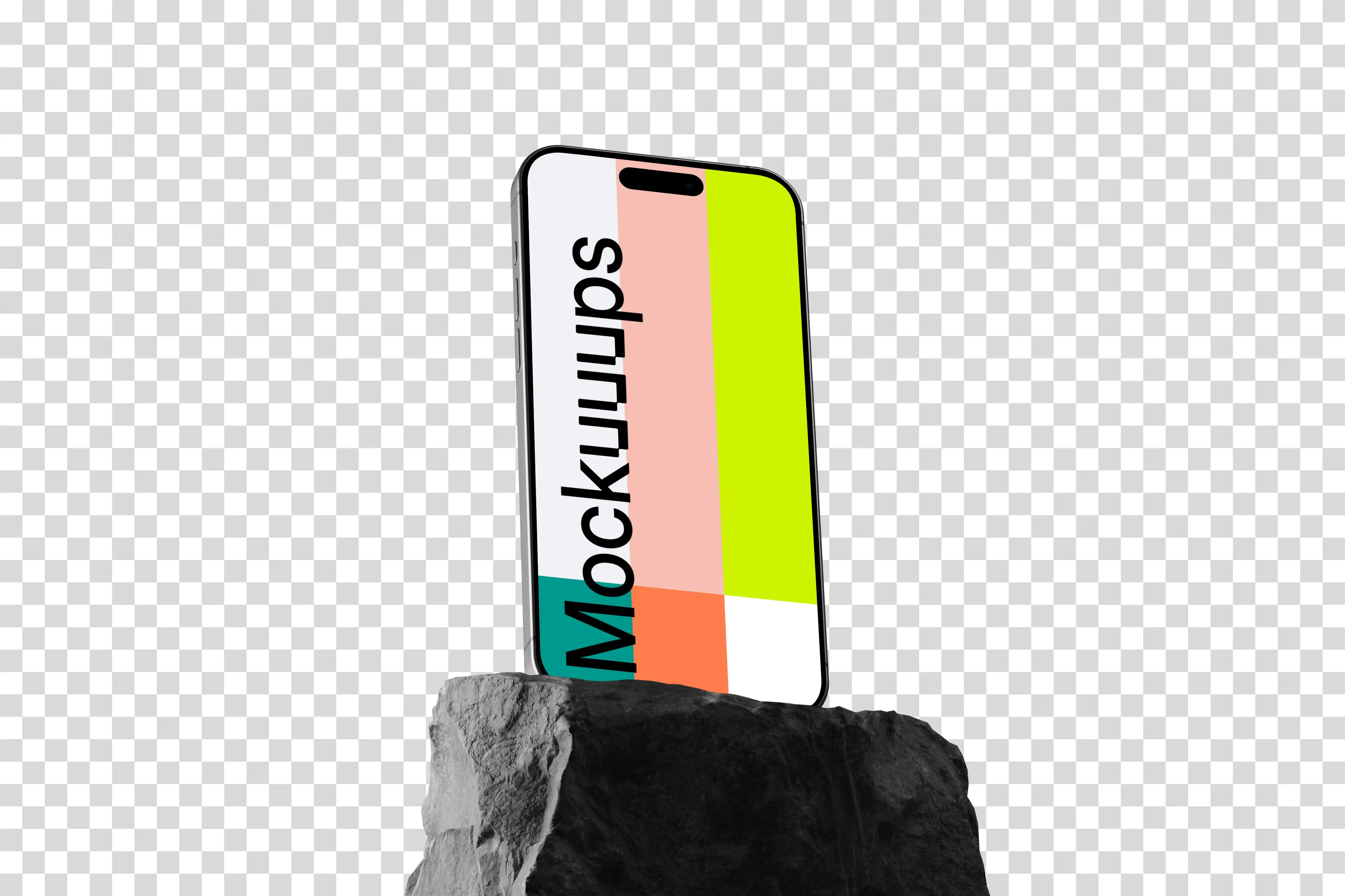 iPhone 15 Pro mockup on textured stone with dramatic shadow