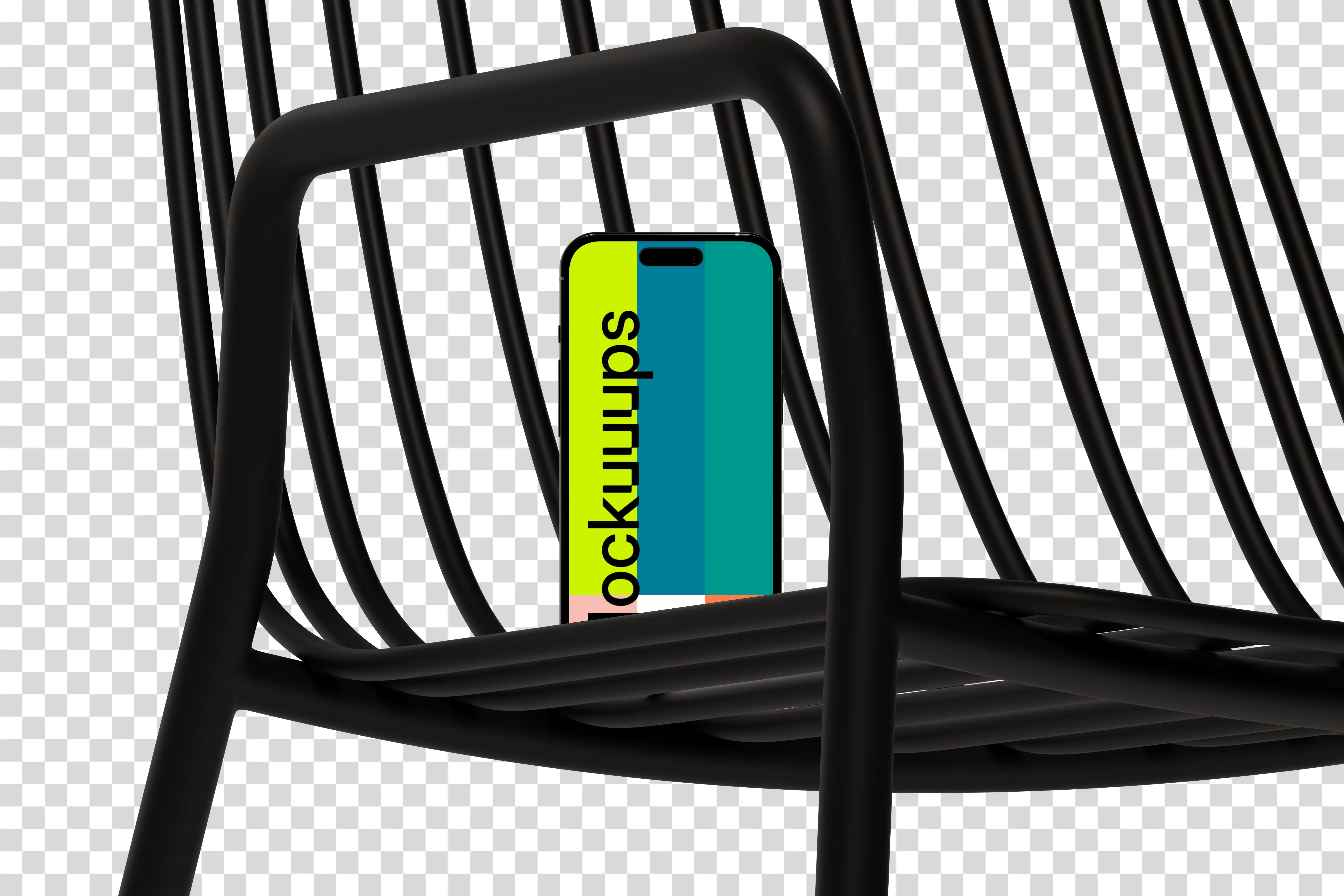 iPhone 16 mockup in a modern chair