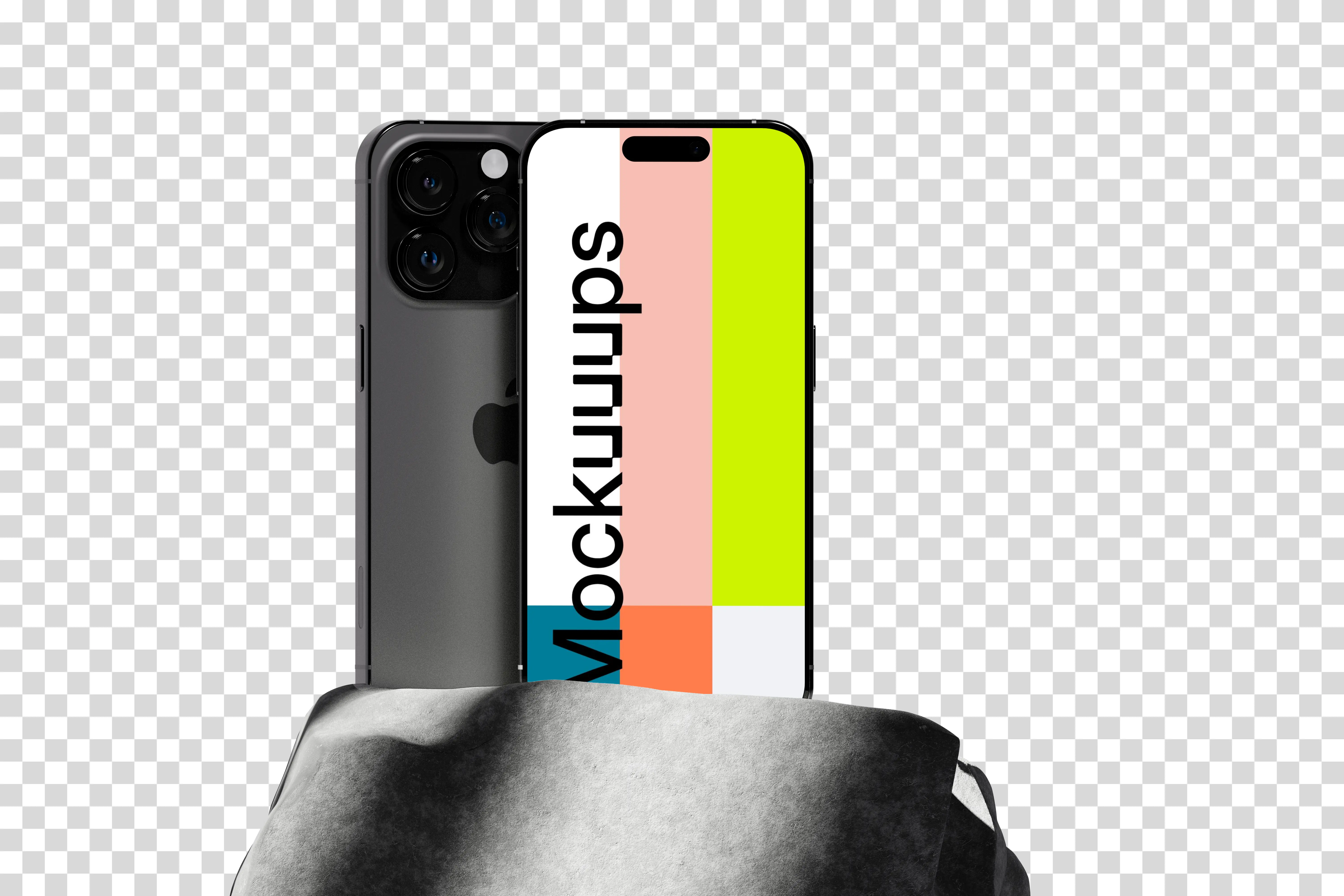 iPhone 16 mockup standing on a textured rock