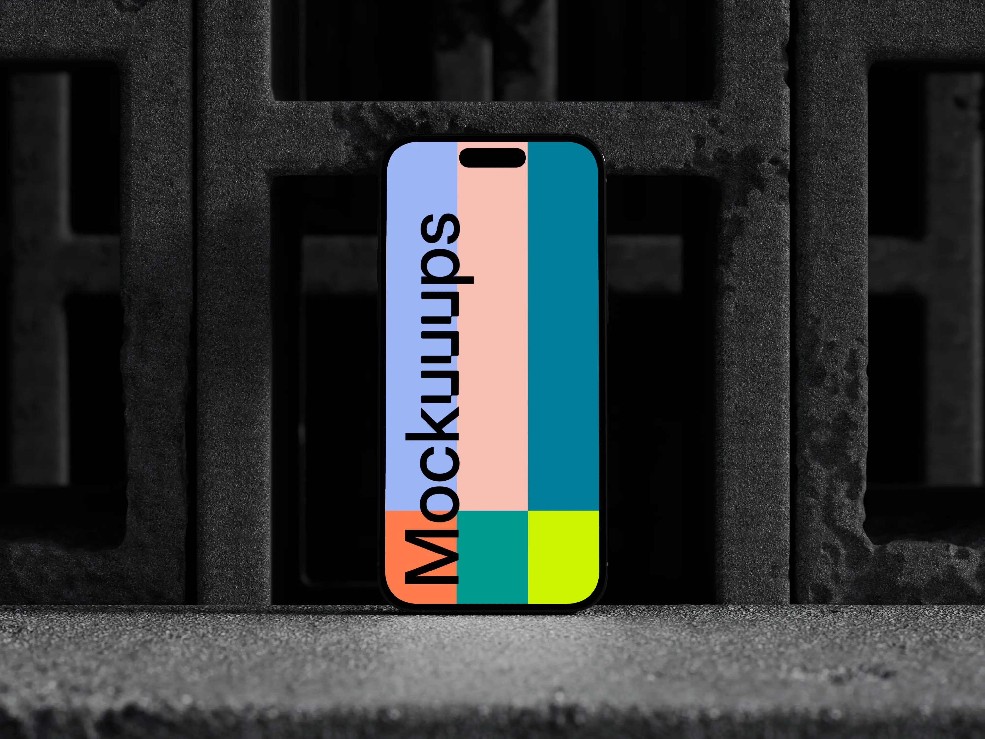 iPhone 16 mockup with concrete blocks backdrop