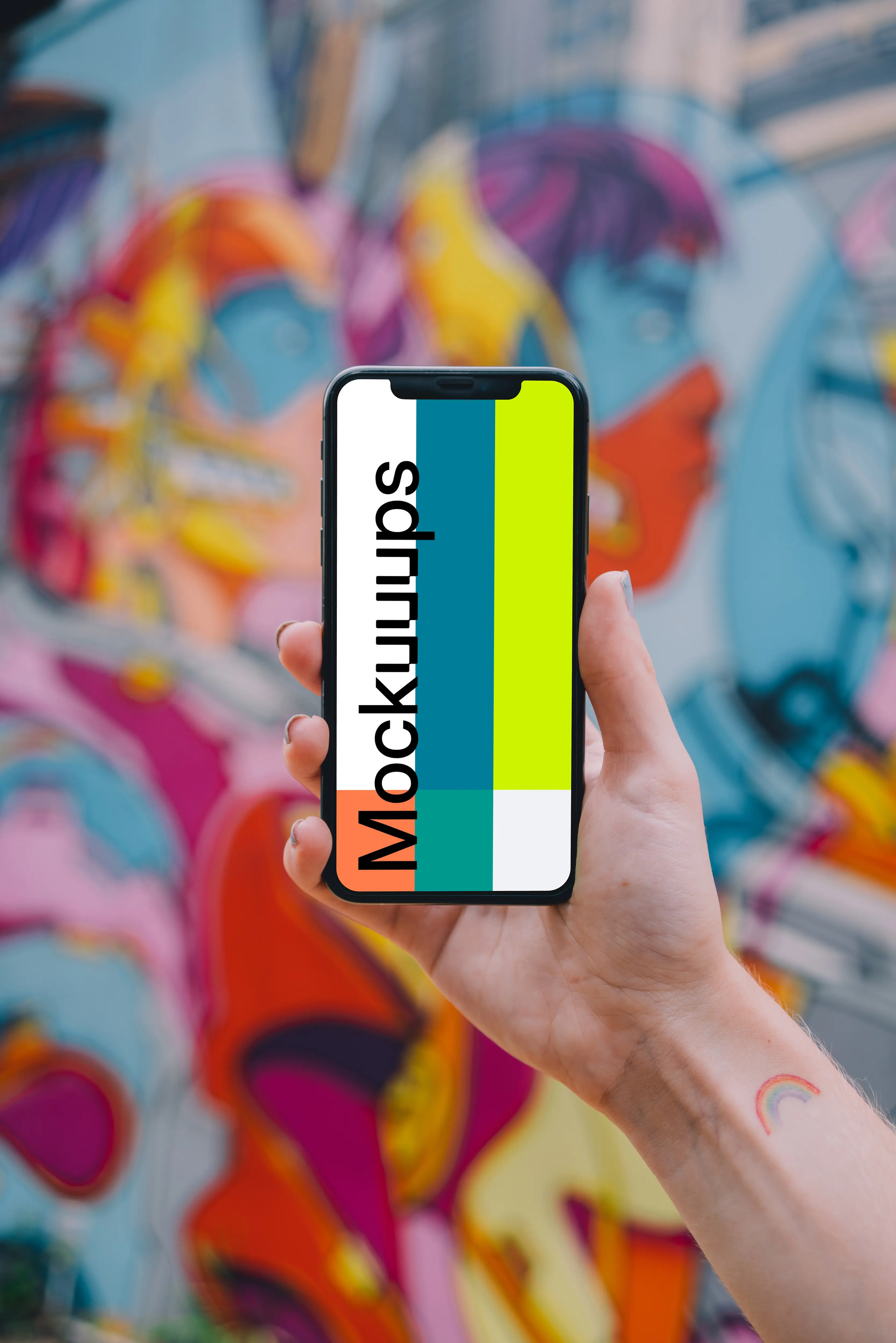 iPhone mockup held in front of graffiti 