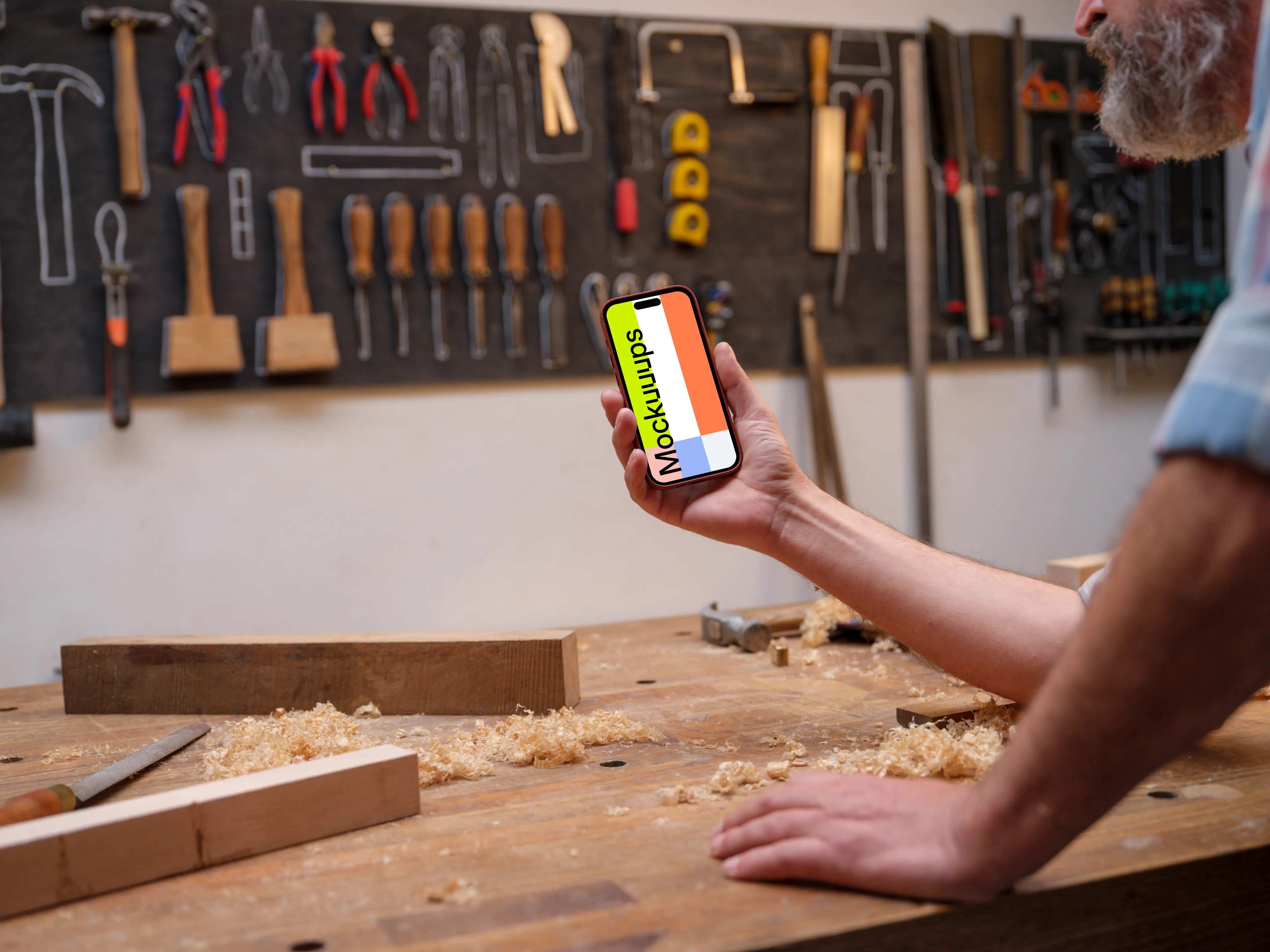 iPhone mockup in carpenter's hand
