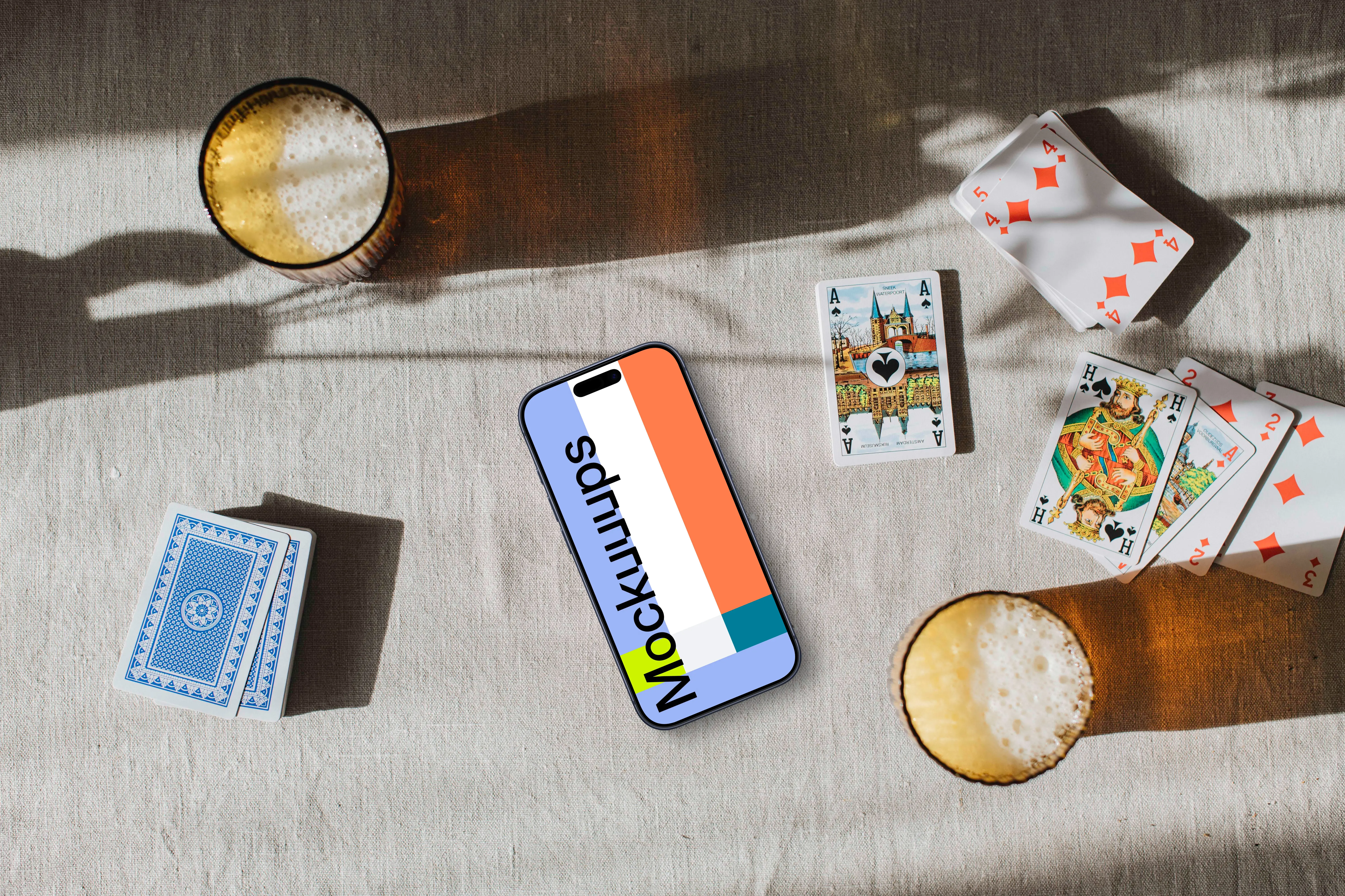 iPhone mockup surrounded by card game