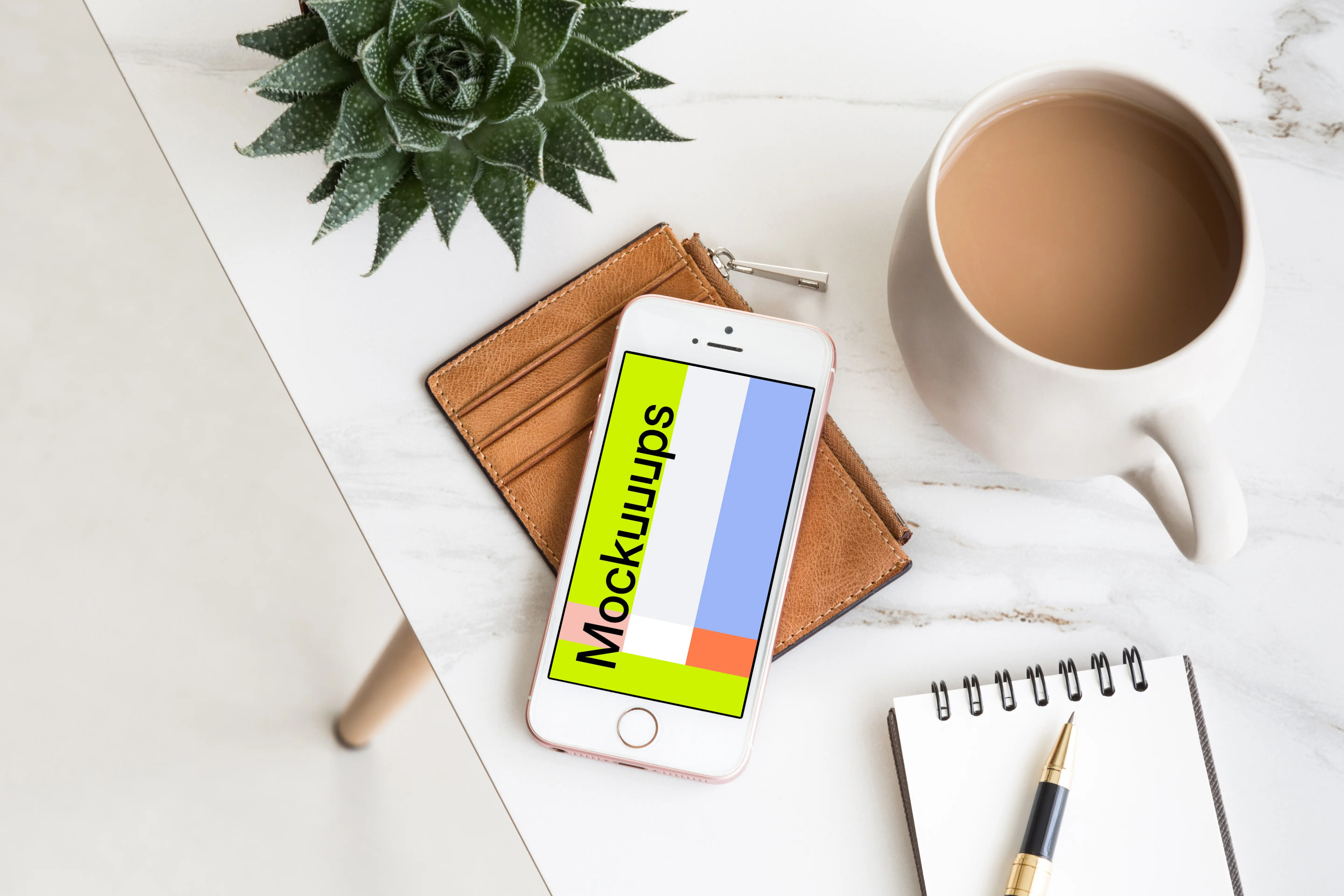 iPhone SE mockup on the leather wallet