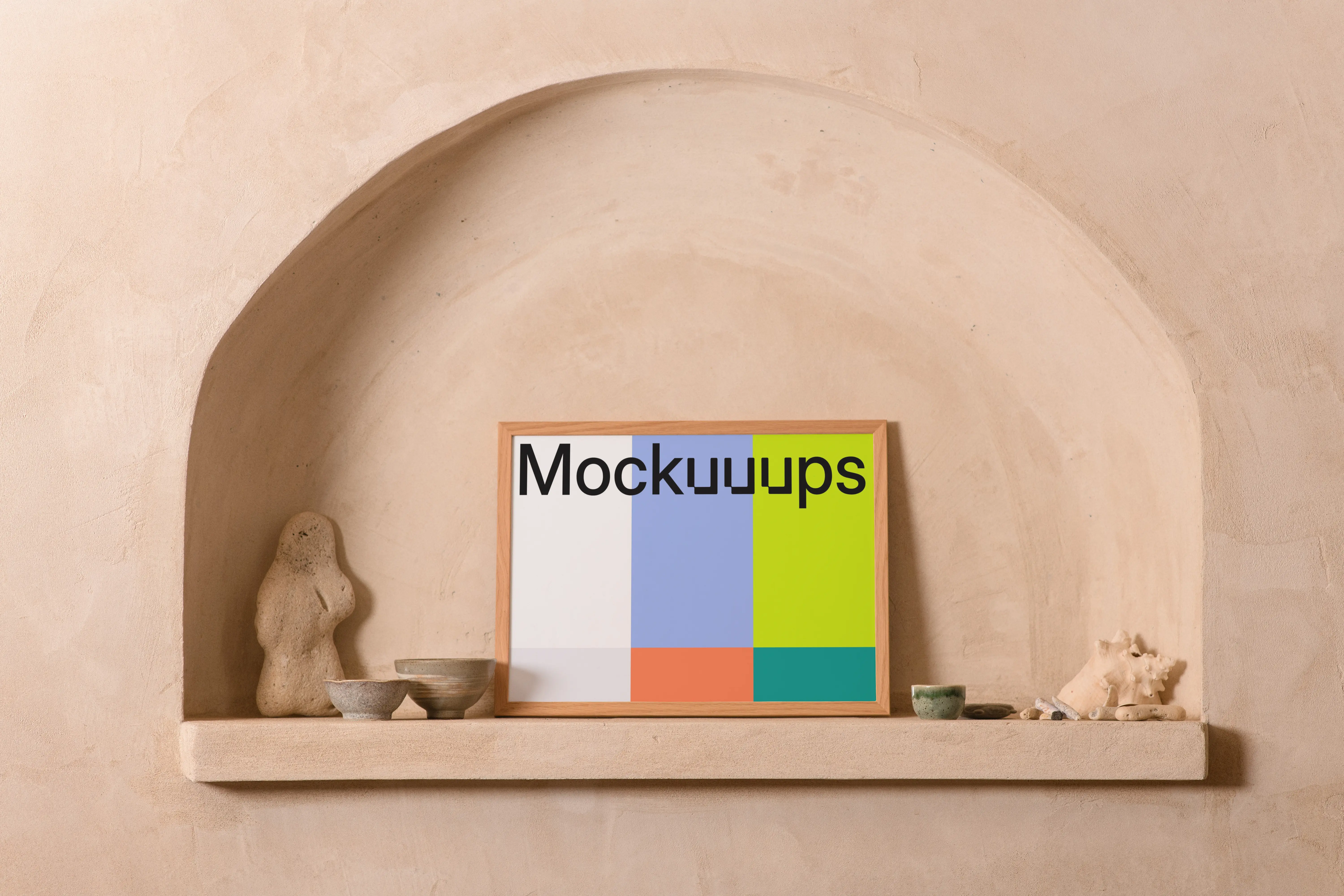 Landscape A4 mockup on a textured shelf with decor