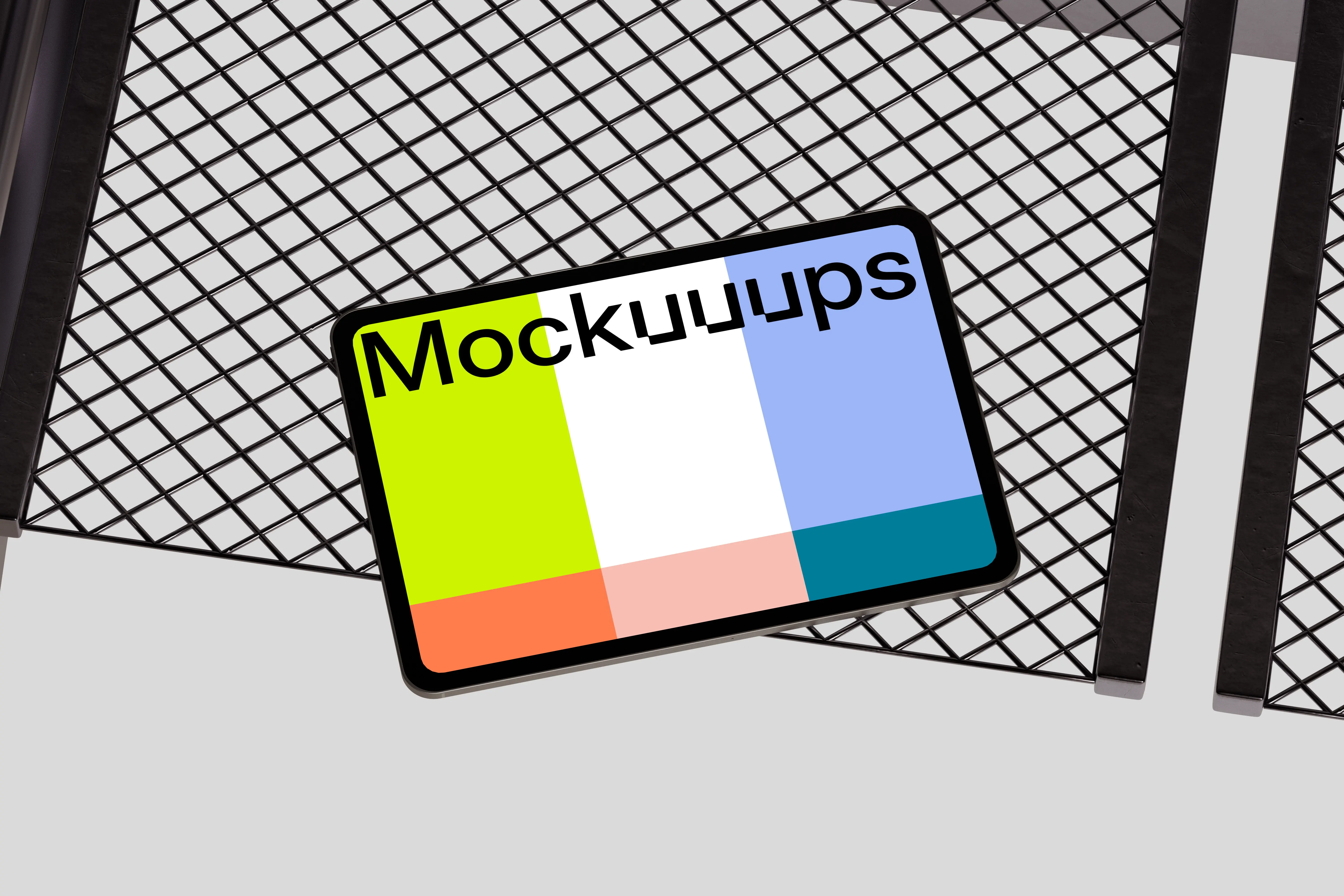 Landscape iPad Pro mockup on geometric metal surface