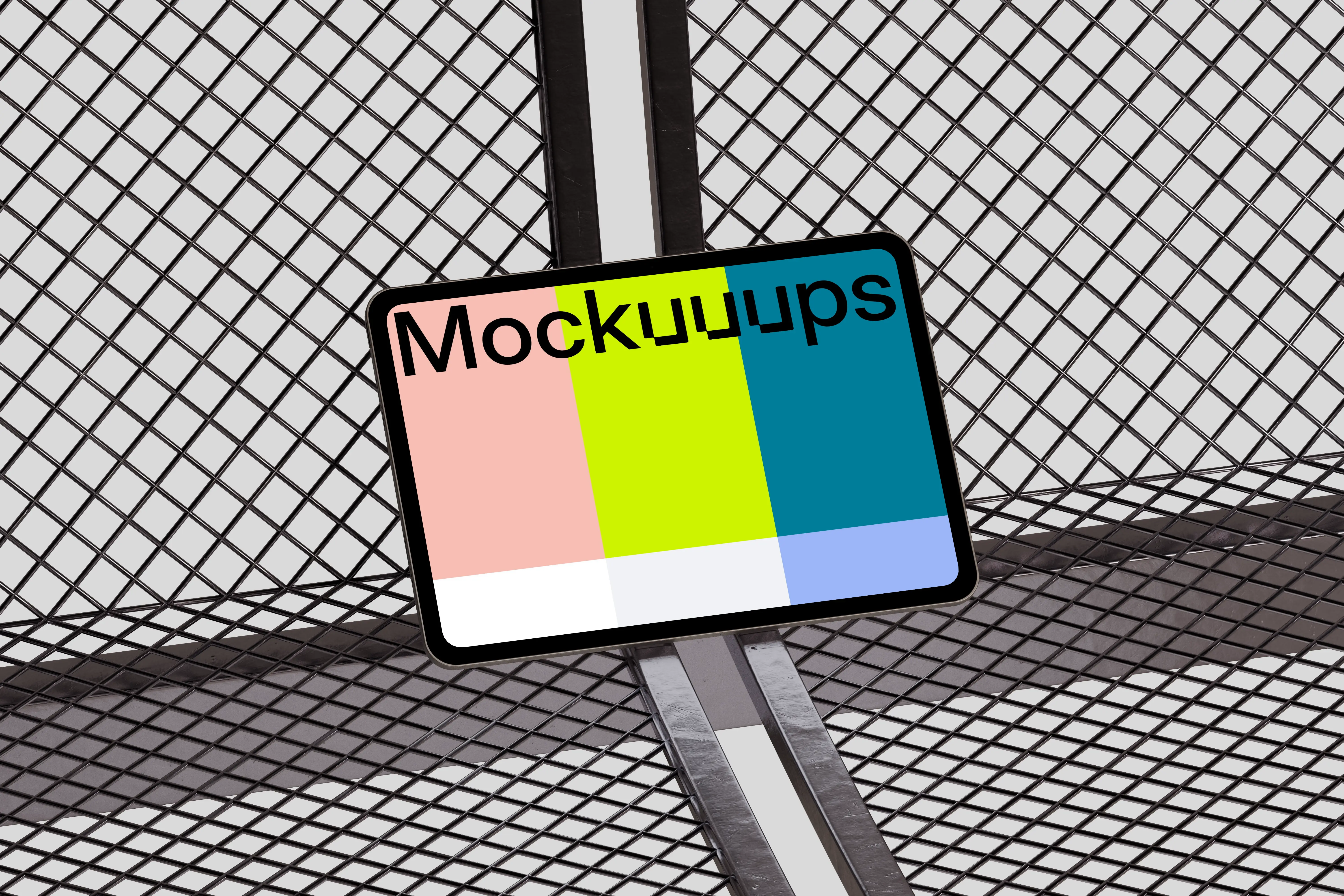 Landscape iPad Pro mockup with metal grid background