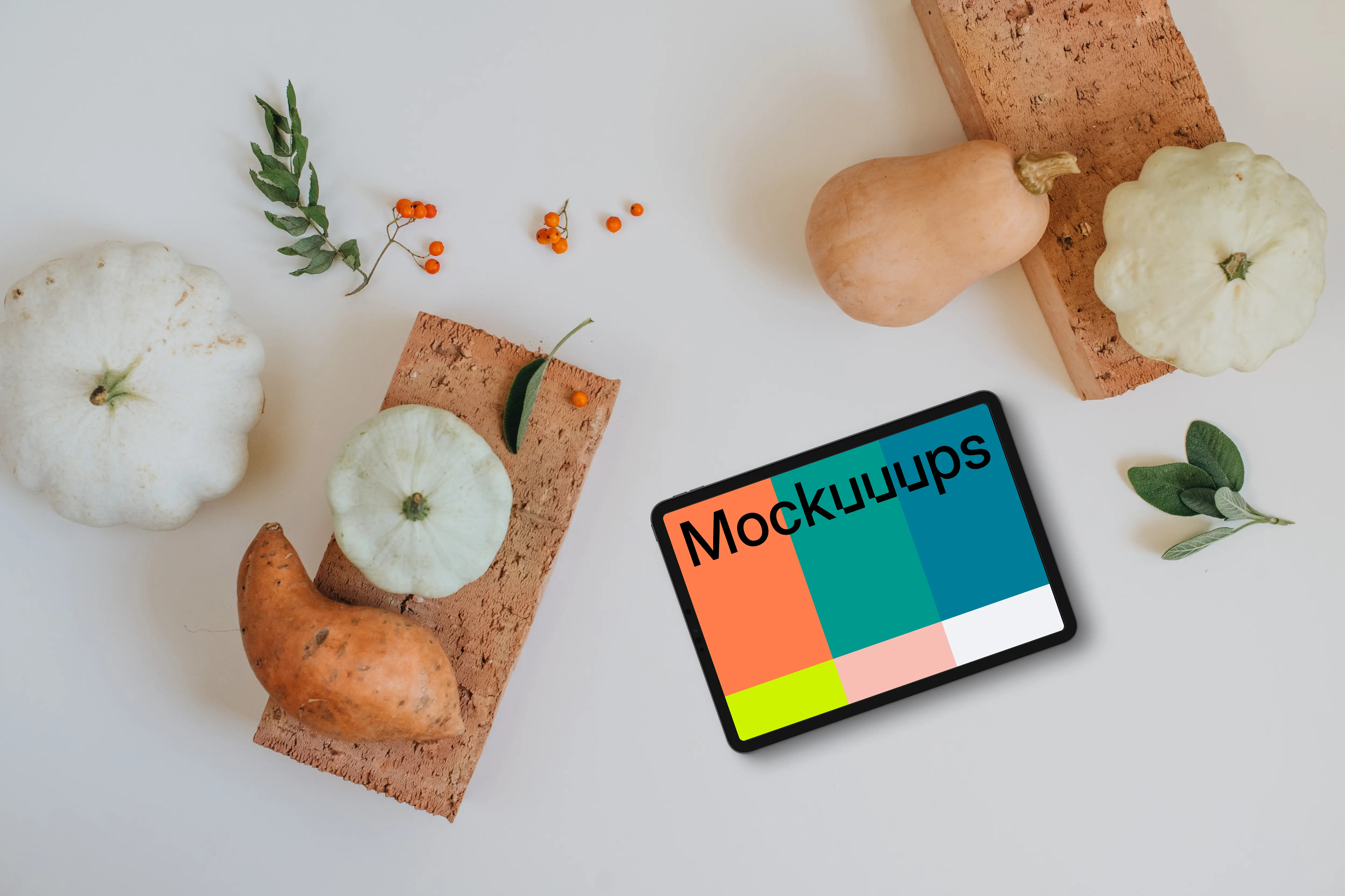 Landscape tablet mockup on the white table