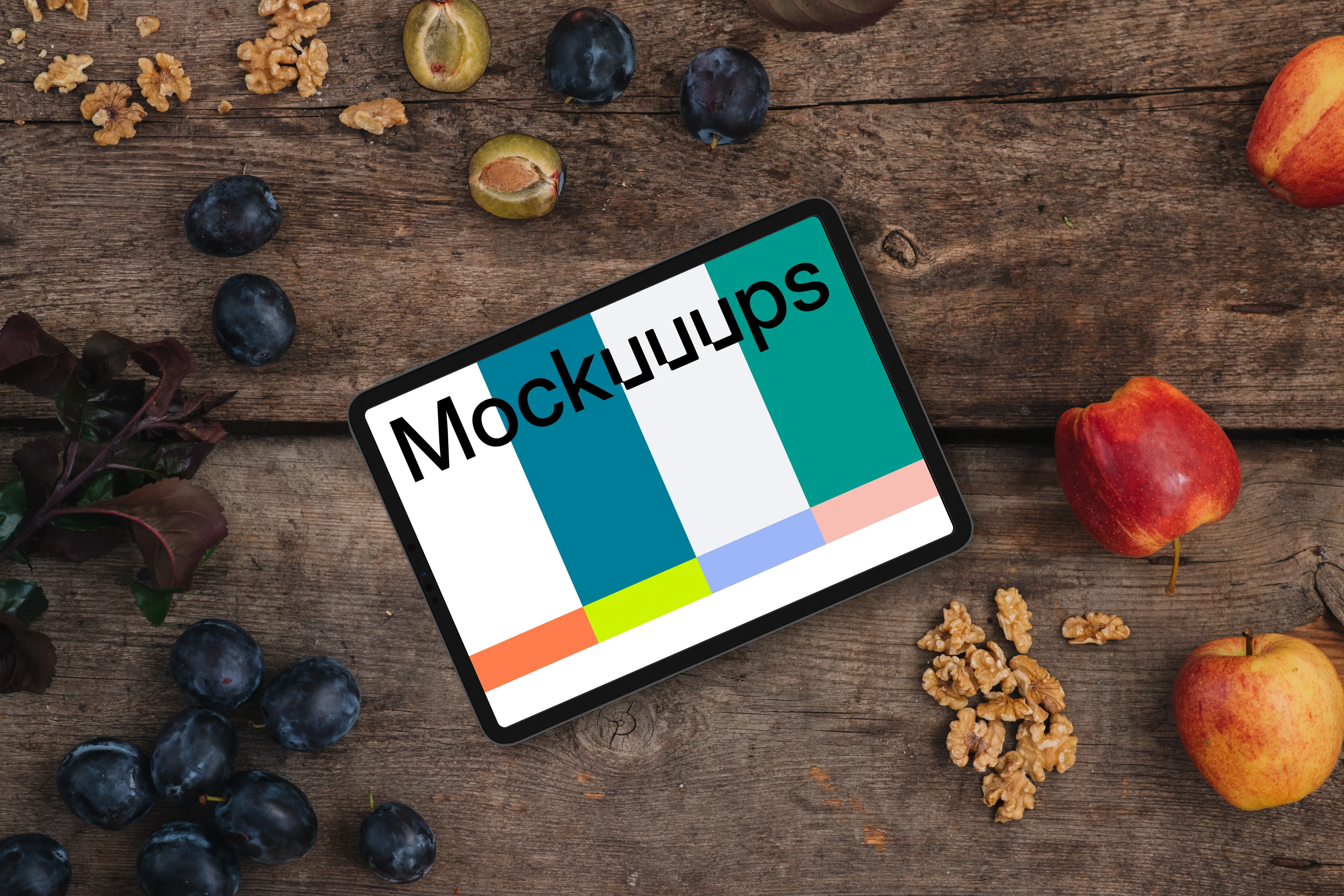 Landscape tablet mockup on wooden table