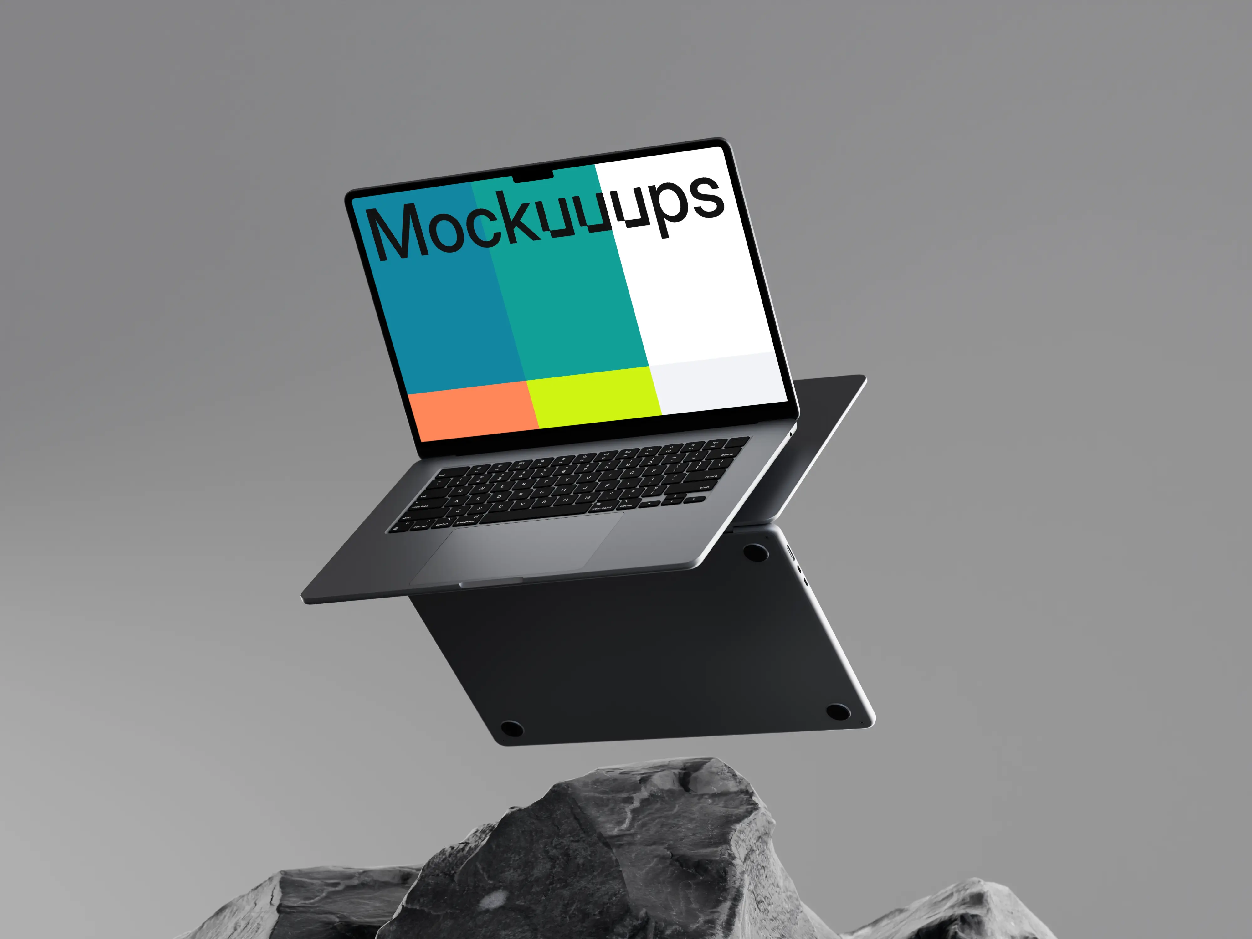 MacBook Air 15" mockup floating above stone surface