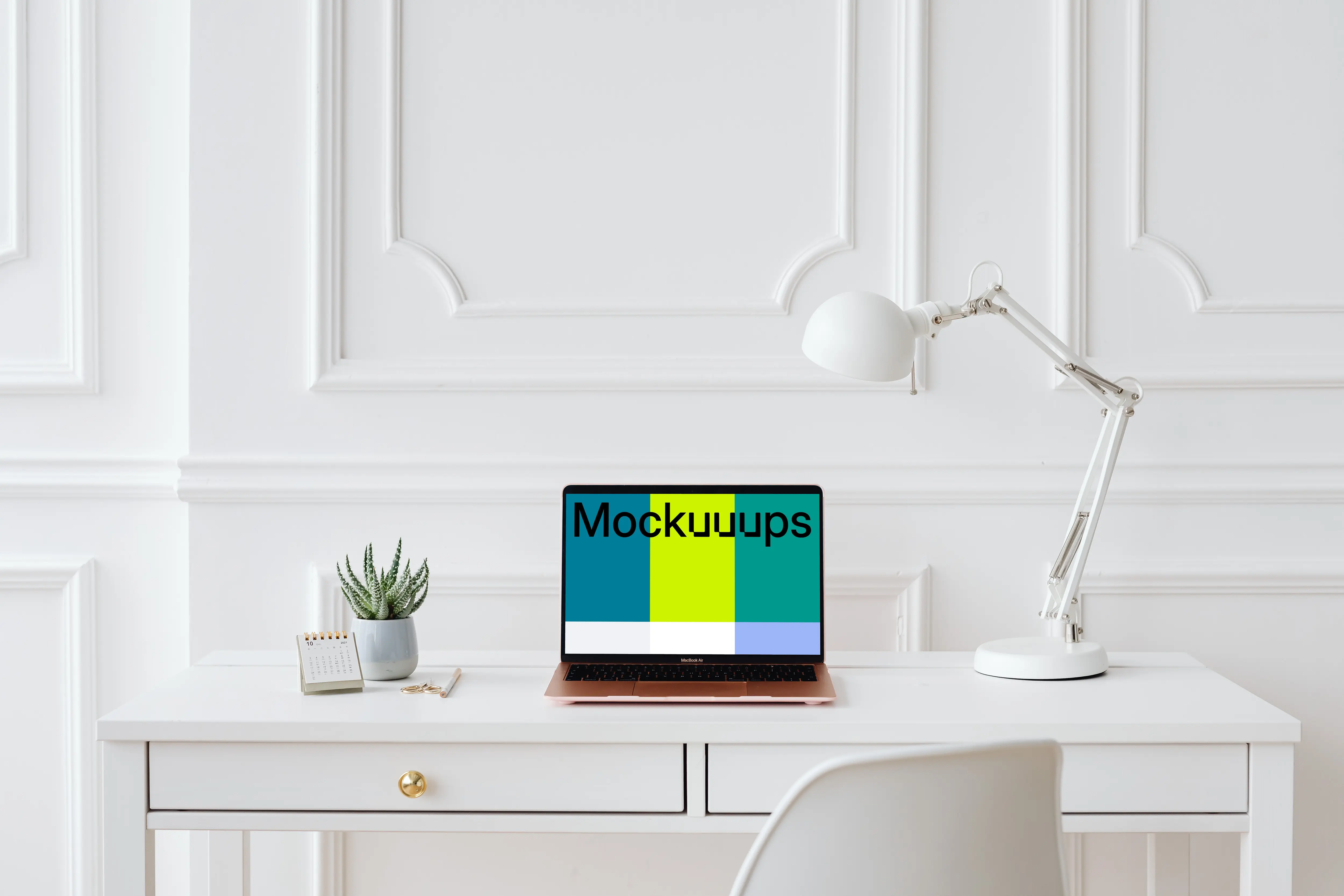 MacBook Air mockup on a white background with a reading lamp at the side