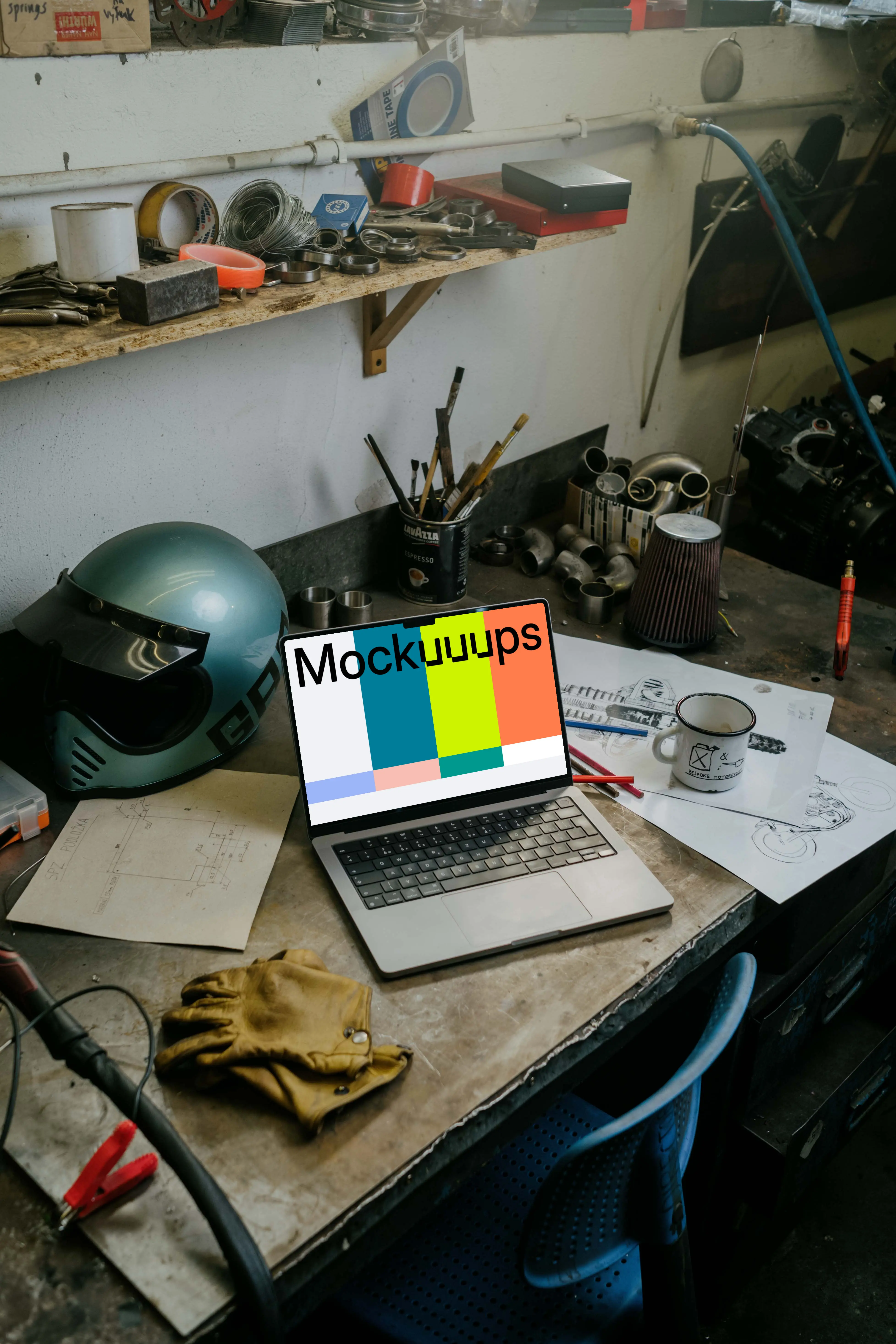 MacBook Pro mockup beside a motorcylce helmet