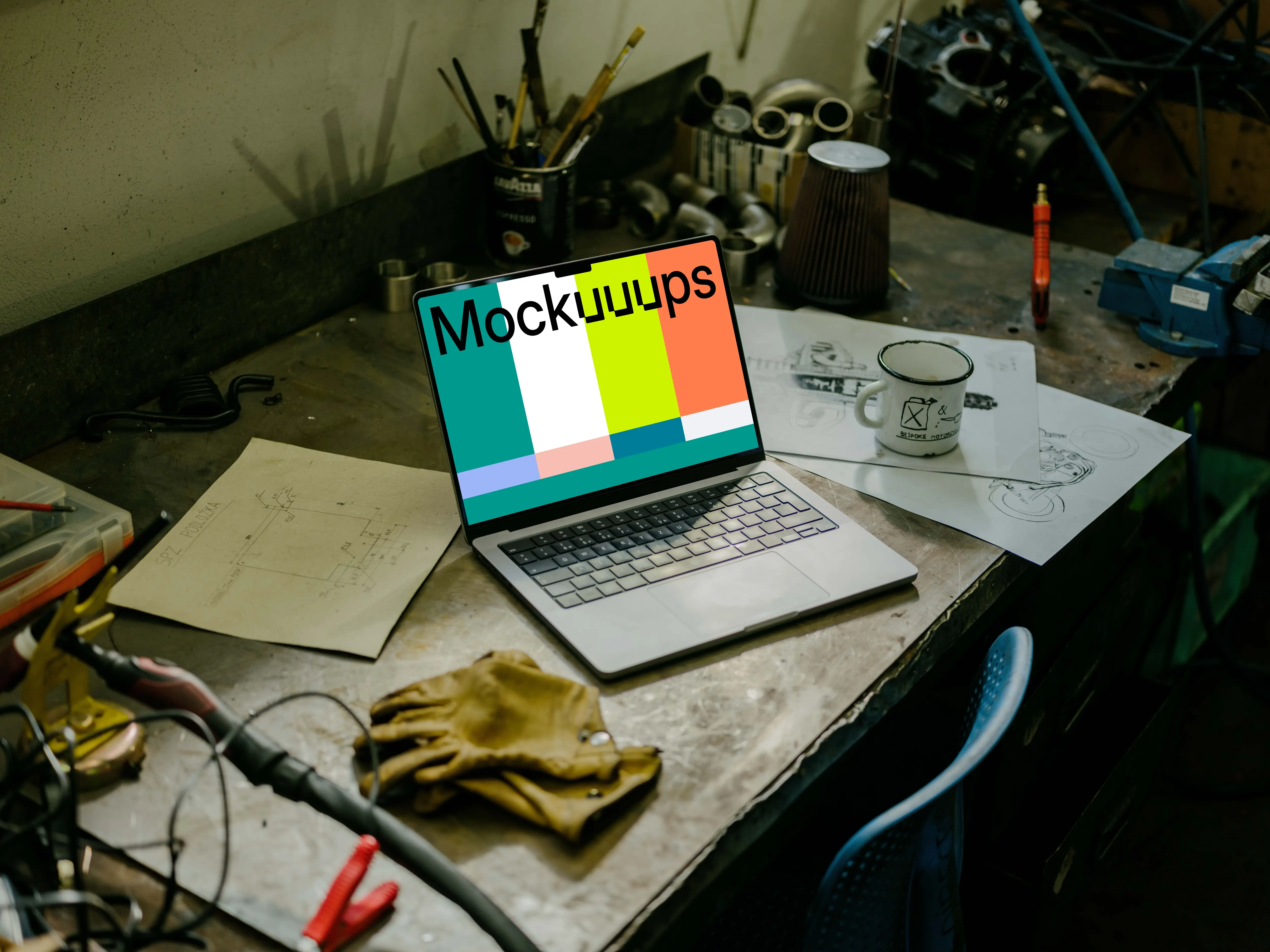 MacBook Pro mockup placed on a table beside work gloves